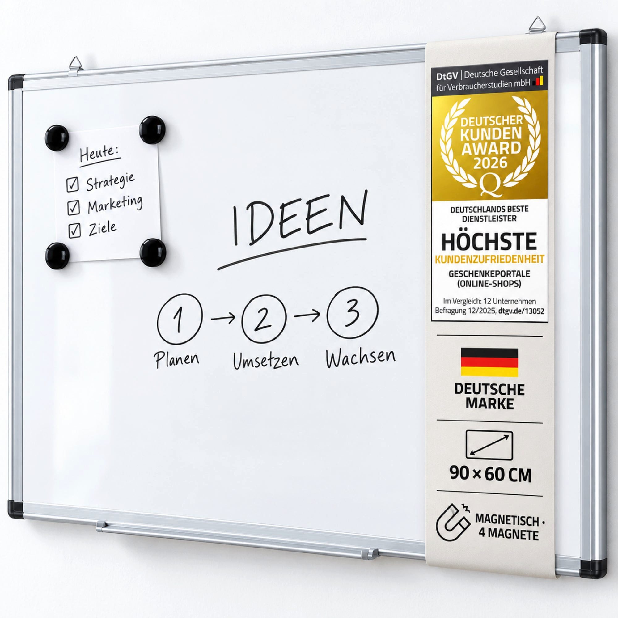 Goods+Gadgets Wandtafel Wandtafel Whiteboard Magnettafel 90×59cm–Abwischbar & Wiederverwendbar, (Magnetisch & Abwischbar, mit 4 Magnete), für Schule & Büro