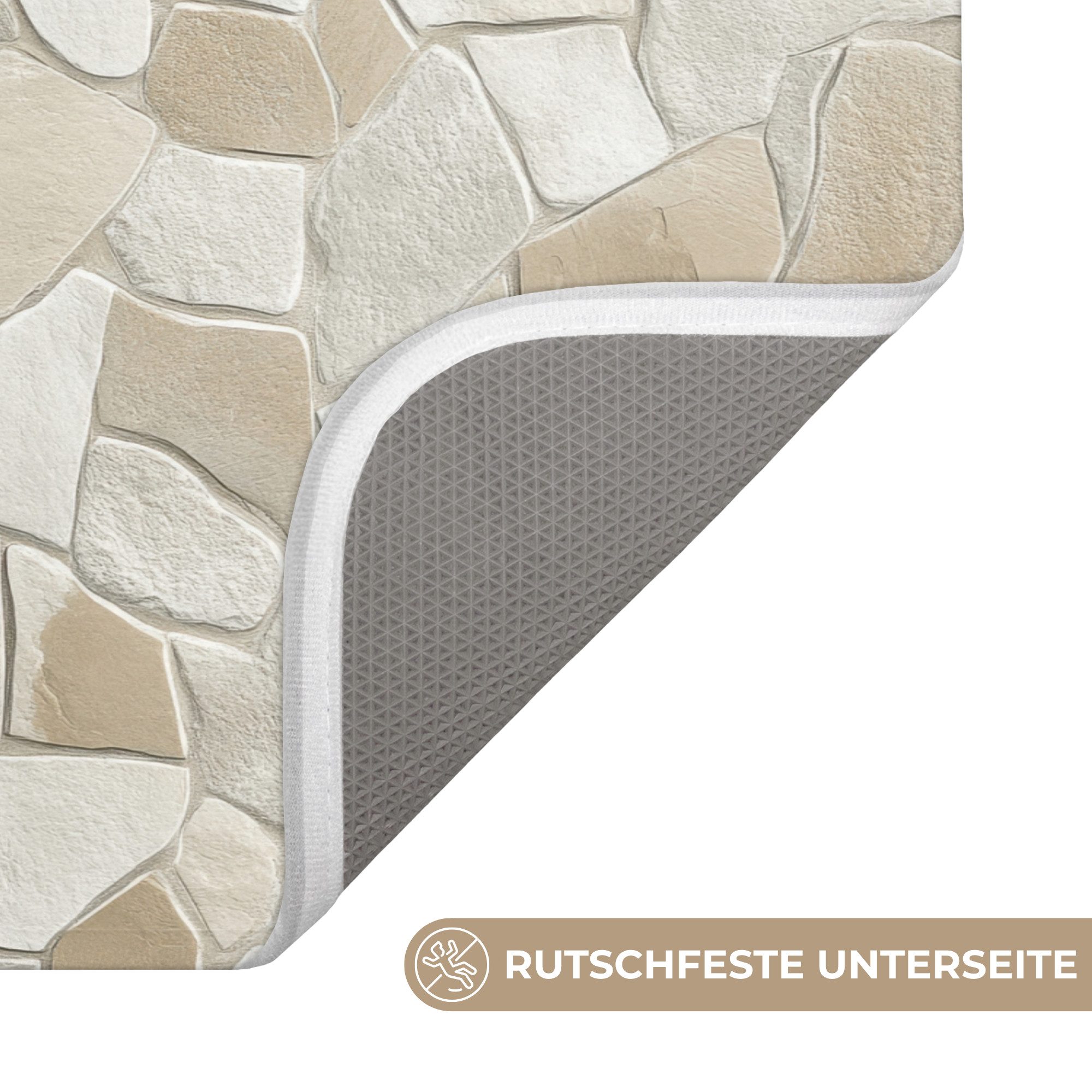 OnlyWow Badematte Mosaik - Steine - Beige, Höhe 10 mm, Polyester, Rechteckig, Badezimmerteppich, Badteppich, Rutschfest, Badvorleger, Waschbar
