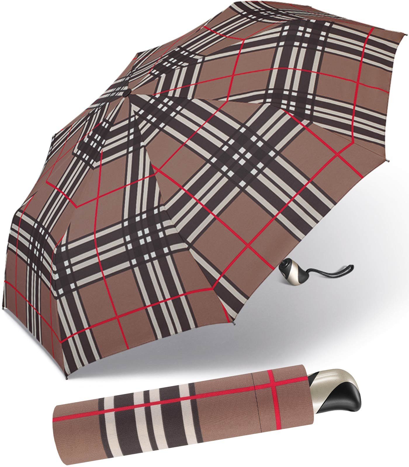 happy rain® Taschenregenschirm mit Karo-Muster Auf-Zu-Automatik, Herren-Regenschirm leicht, im selection braunen schöner und stabil