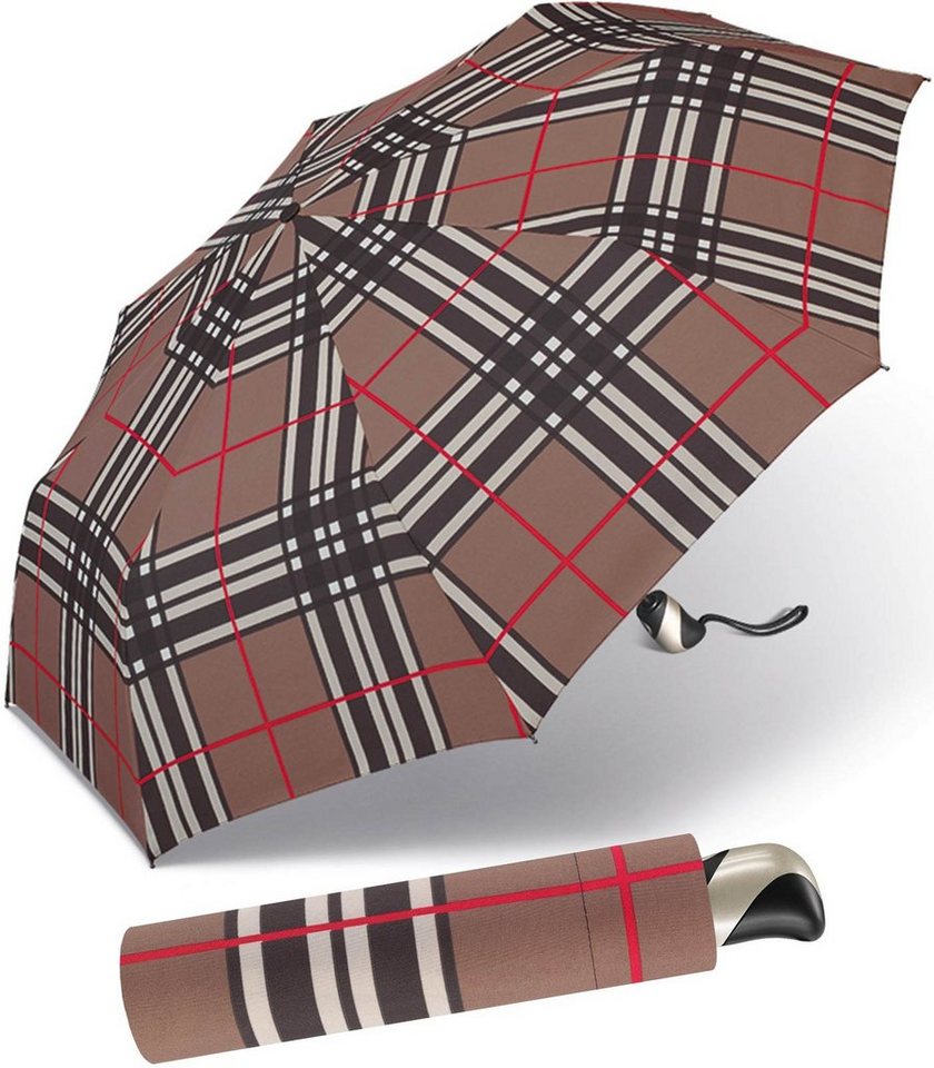 im Auf-Zu-Automatik, stabil Karo-Muster selection Taschenregenschirm rain® happy und leicht, schöner Herren-Regenschirm braunen mit