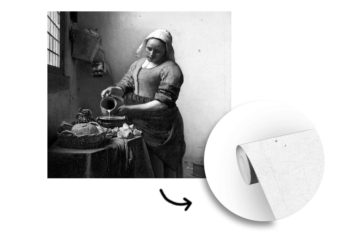 MuchoWow Fototapete Das Milchmädchen - Gemälde von Johannes Vermeer - schwarz und weiß, Matt, bedruckt, Vinyl Tapete für Wohnzimmer oder Schlafzimmer, Wandtapete, 260x260 cm