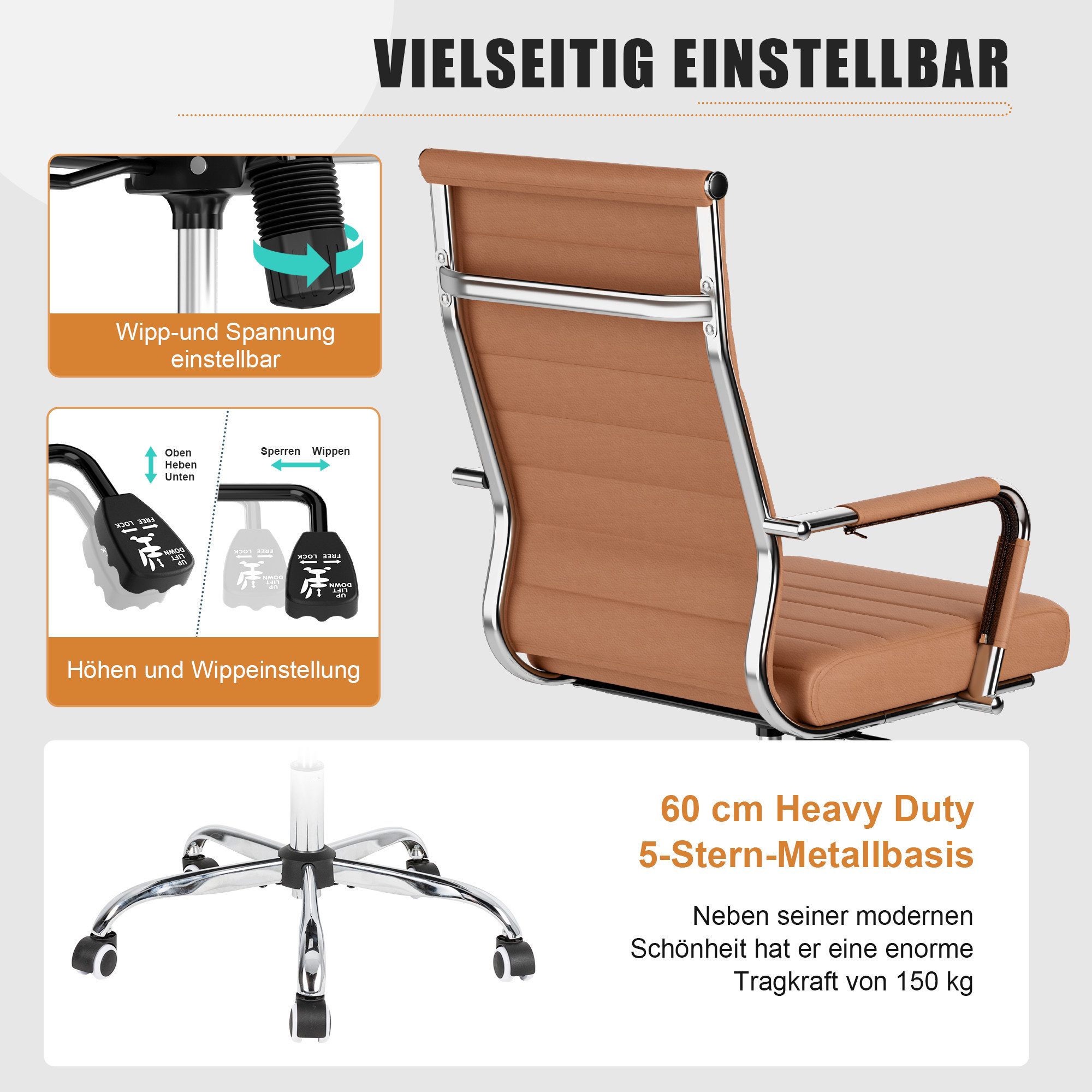 UEV Stuhl Schreibtischstuhl ergonomisch, Drehstuhl mit Rollen (Bis 150kg, Konferenzstühle, Büro-Gästestuhl), Höhenverstellbar,Wippfunktion,Metallrahmen,Gepolste – Bild 4 von 5