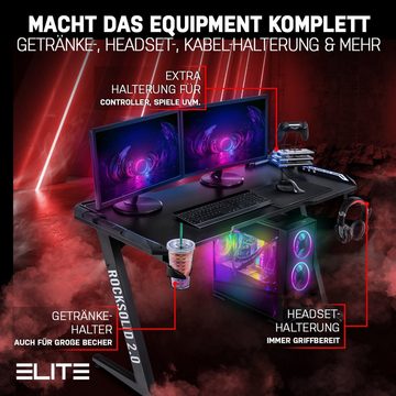 ELITE Gaming Gamingtisch Elite Gamer-Schreibtisch Rocksolid, RGB-LED (Jugendschreibtisch inkl. Getränke-, Headset- und Controller-Spiele-Halterung, 2-St., Schreibtisch, verstellbare Standfüße, Kabelkanal, ergonomisches Design), Gamingtisch inkl. Fernbedienung & Handyhalterung - 200 kg belastbar