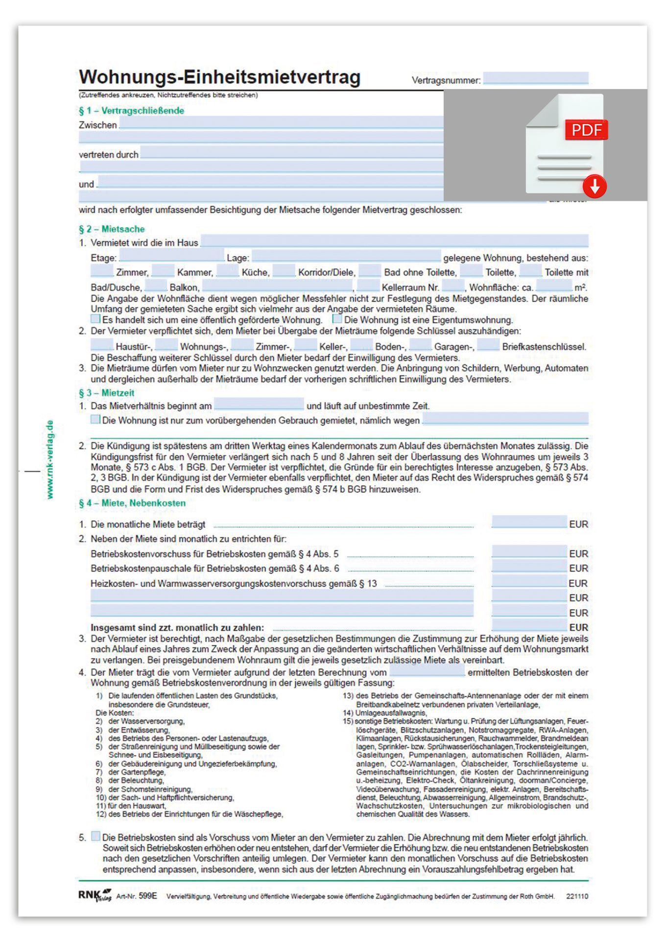 RNK Verlag Organisationsmappe Mietvertrag für Wohnraum DIN A4 inklusive Hausordnung, Hausordnung, Betriebskosten, Wohnungsgeberbescheinigung