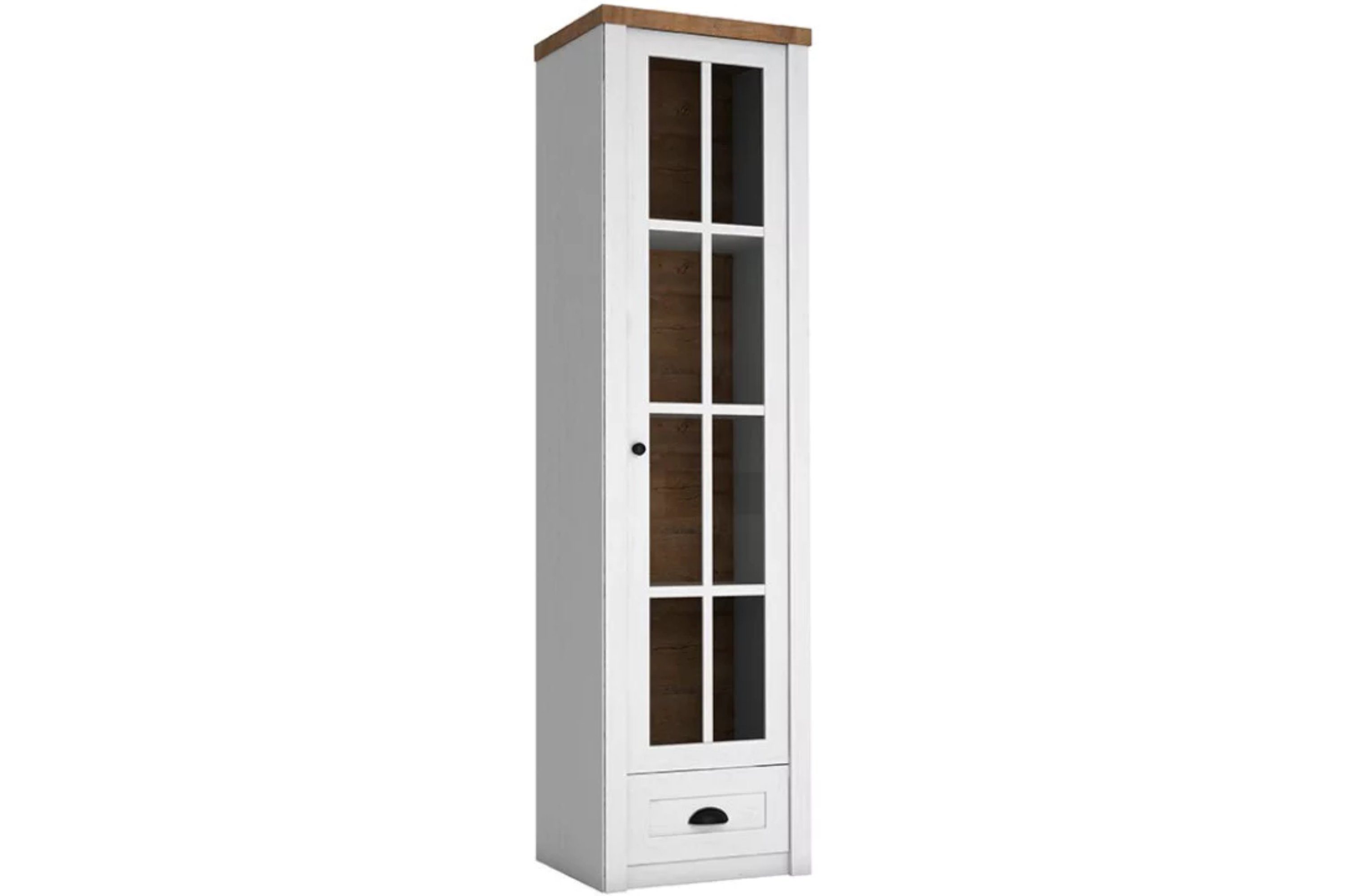 KONSIMO® Glasvitrine LEMAS Standvitrine, Provenzalische Stil, hergestellt in der EU mit Glastüren, mit Schublade, schmal und funktional