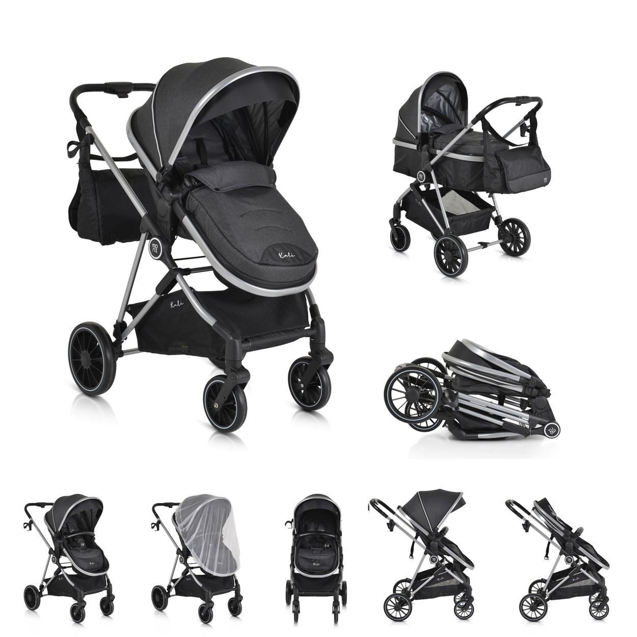 Moni Kombi-Kinderwagen Kali 2 in 1, EVA-Material, Aluminium, 5-Punkt-Gurt, Babywanne, Babyschale