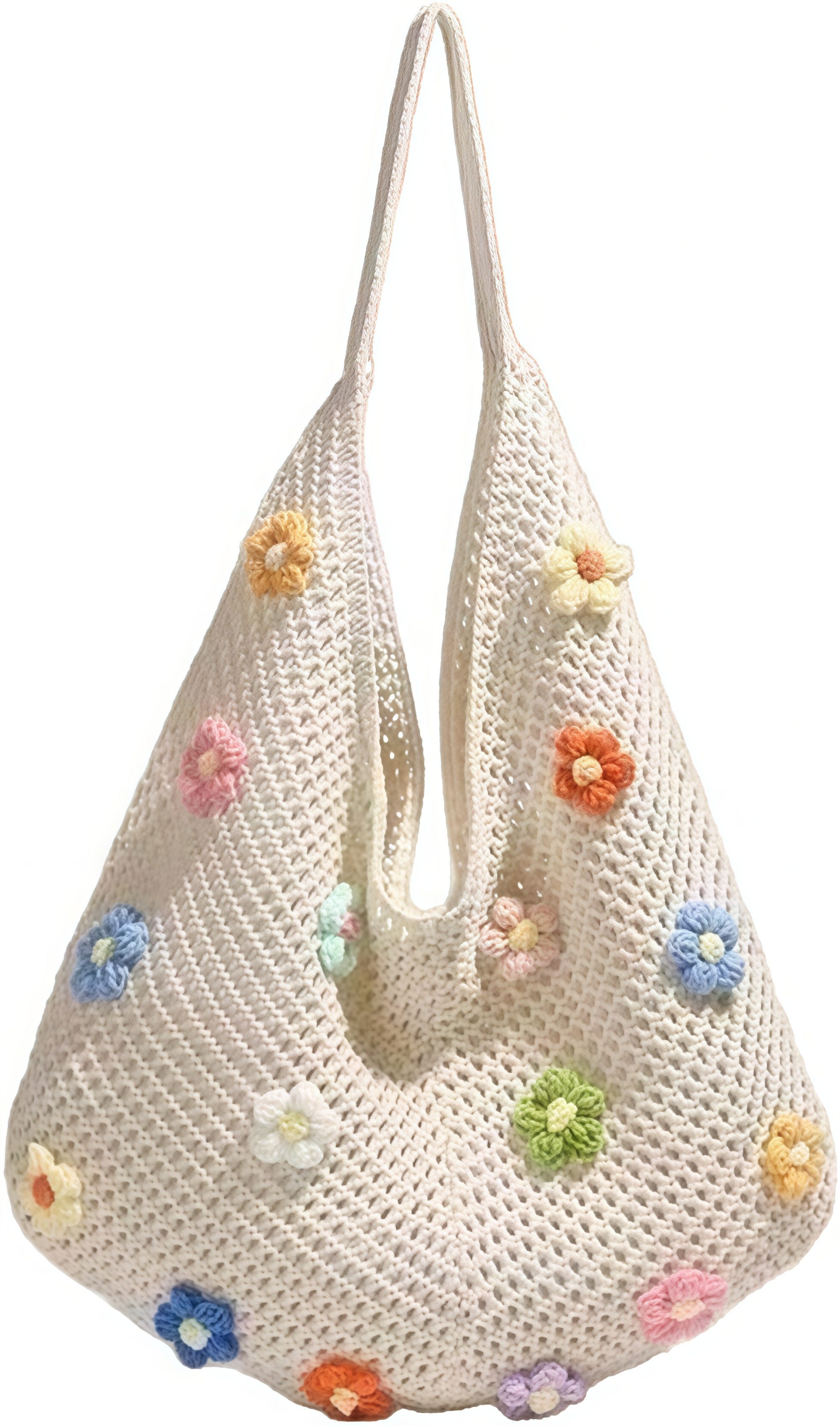FOUORTUNATE-BEE Schultertasche Boho Häkeltasche mit bunten Blumen für Strand, Reise & Alltag, Gehäkelte Strandtasche mit Blumen für Reise und Aufbewahrung