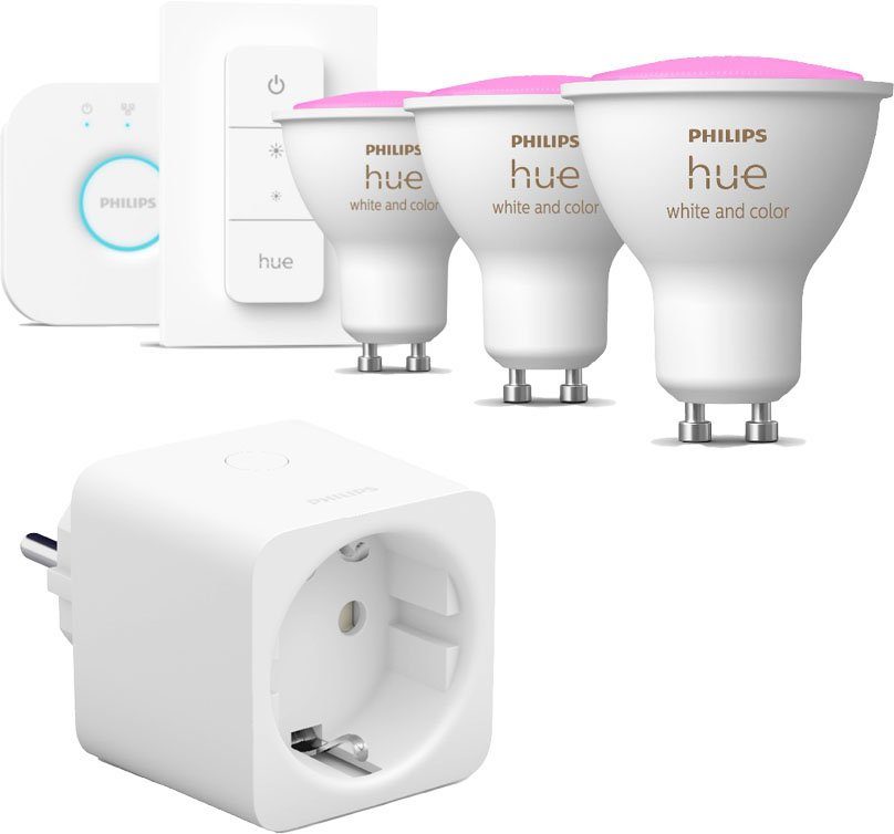 Philips Hue LED-Leuchtmittel White&Color, GU10, Farbwechsler, Starter-Set, Hue Smart Plug, Hue White & Col. Amb. GU10, Dreierpack