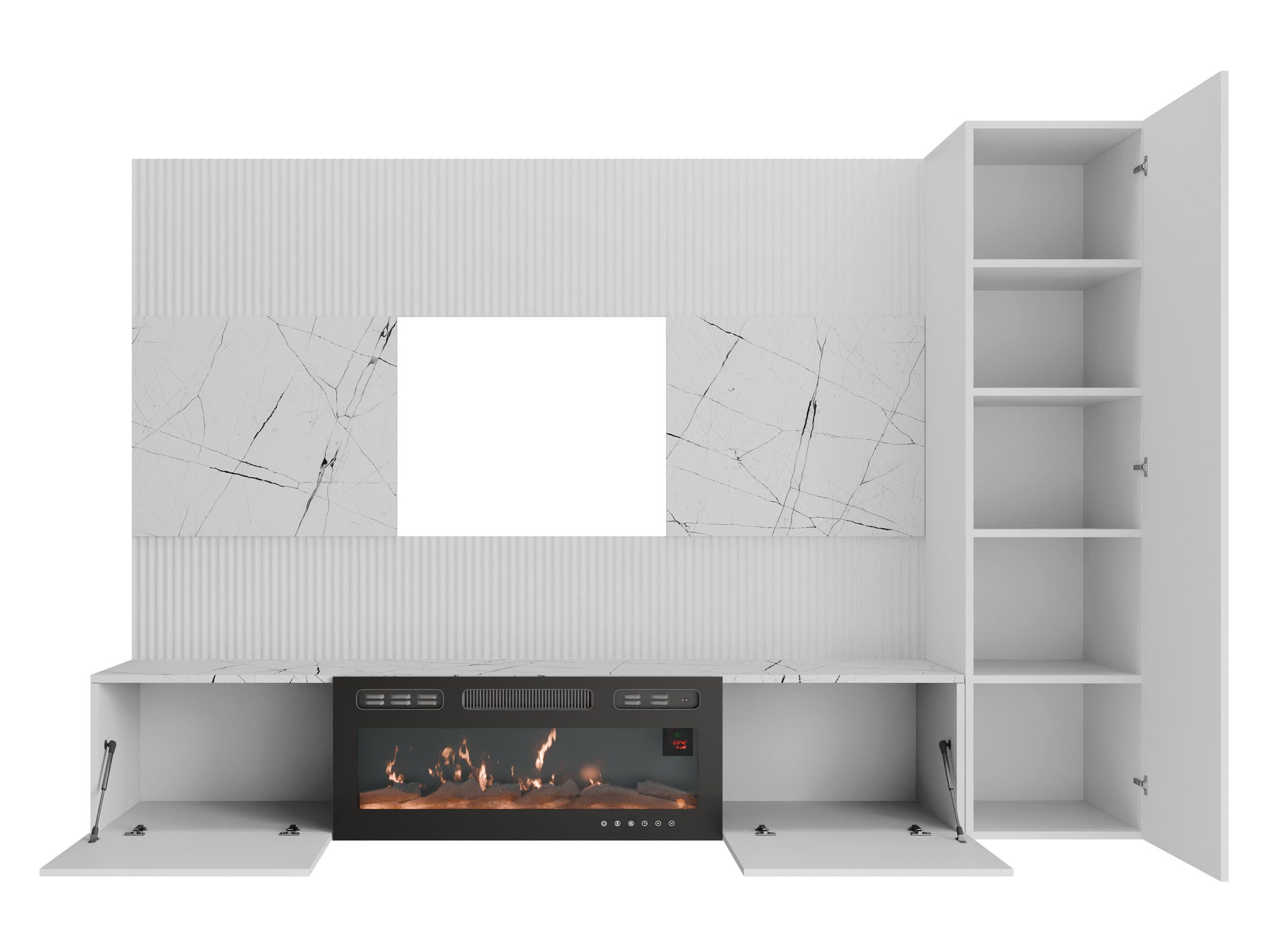 MIRJAN24 Wohnwand Deromi VI mit Kamin, (3er-Set, TV-Lowboard mit Wandpaneel, Hängeschrank), Push to open, Realistische LED-Flamme, Heizfunktion – Bild 5 von 5