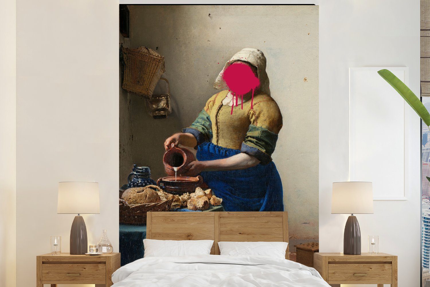 MuchoWow Fototapete Milchmädchen - Johannes Vermeer - Rosa, Matt, bedruckt, (3 St), Montagefertig Vinyl Tapete für Wohnzimmer, Wandtapete