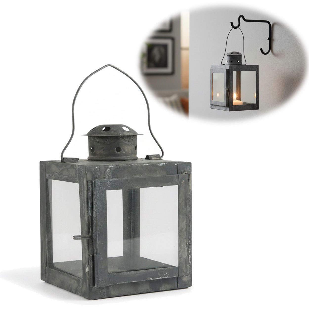 LS-LebenStil Teelichthalter IB Laursen Vintage Laterne Windlicht 15cm Metall Grau Teelicht (Windlicht zum Aufhängen für Teelichter und kleine Stumpenkerze, 1 St., Halter Kerzenständer Tischdeko Kerzenhalter Gläser für Teelichter), Deko Hochzeit Ostern Weihnachten Konfirmation