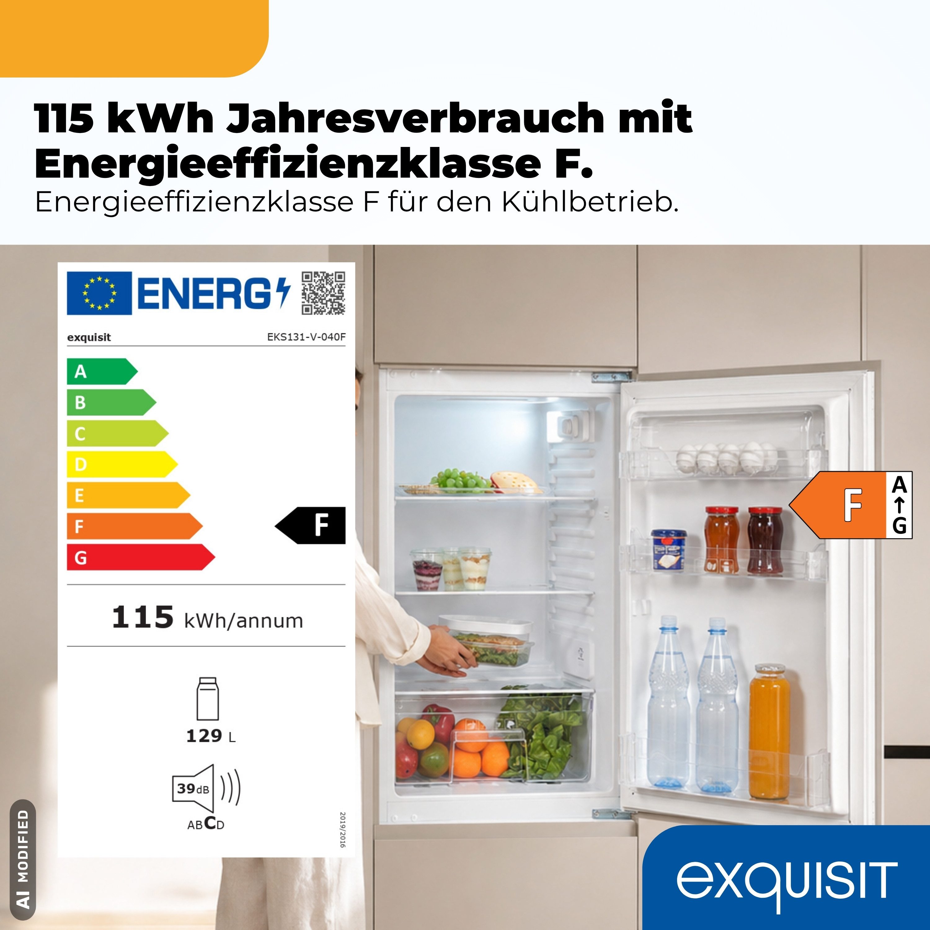 exquisit Vollraumkühlschrank EKS131-V-040F, 88 cm hoch, 54 cm breit, 129 l Nutzinhalt, LED Beleuchtung, Energieklasse F, Geräuschklasse C – Bild 2 von 5