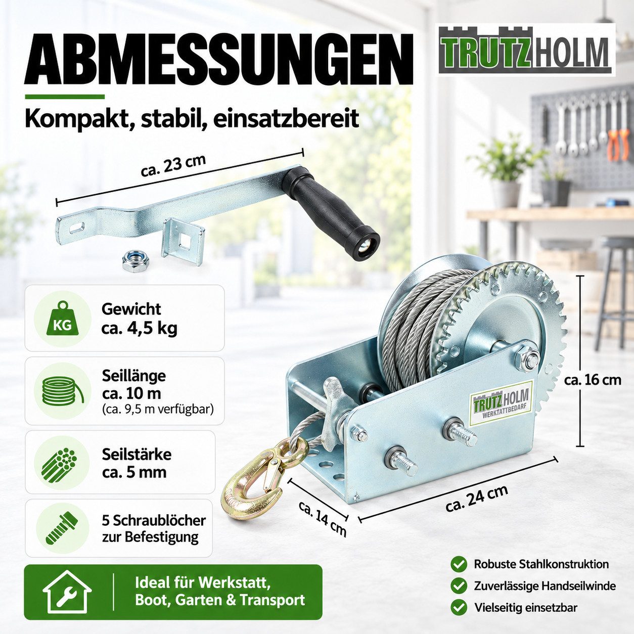 TRUTZHOLM Seilwinde Handseilwinde 1130 kg 10 m, (Produkt, 1-St), Handkurbellänge: ca. 23 cm – Bild 3 von 5