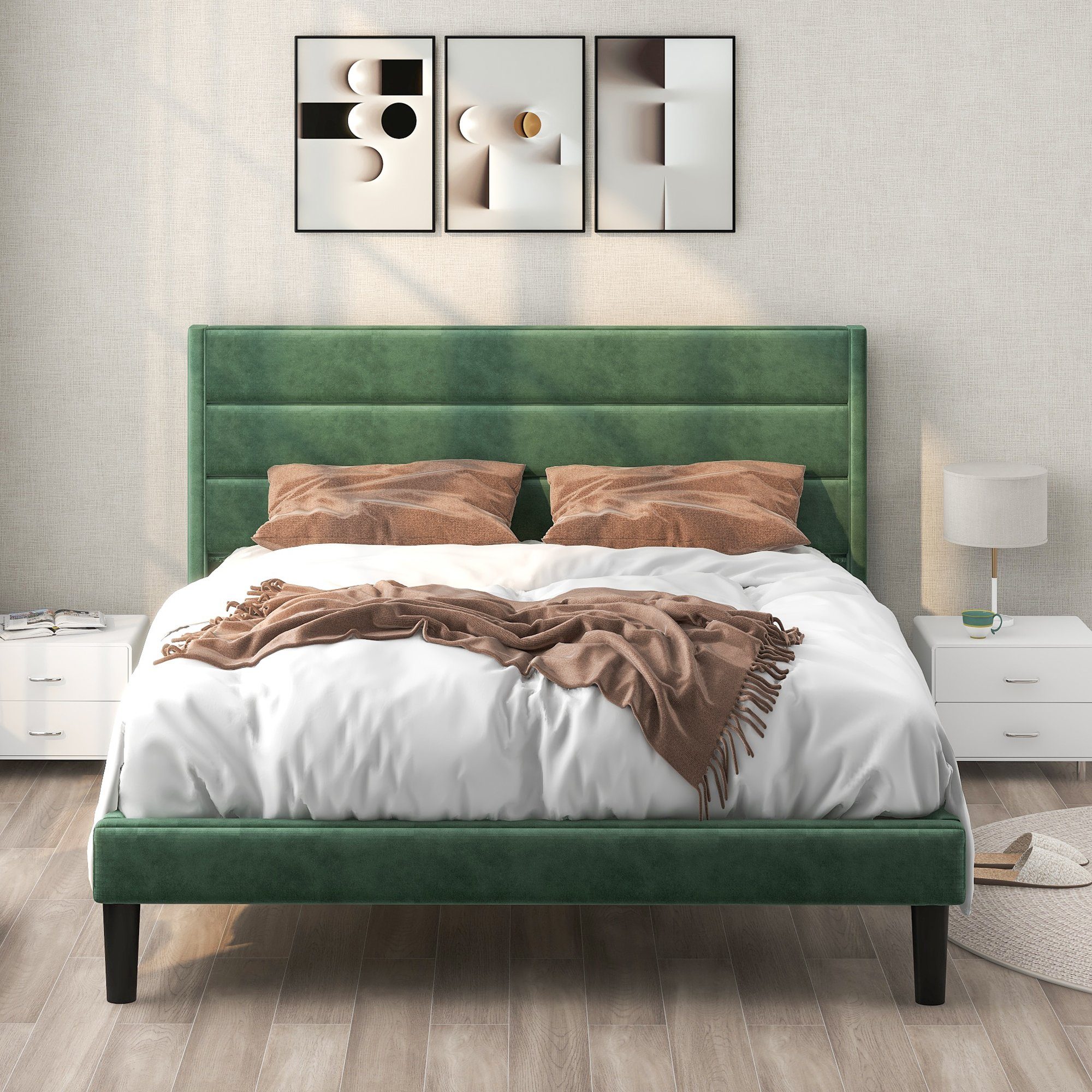 Flieks Polsterbett, Holzbett Doppelbett mit Lattenrost Samt 140x200cm