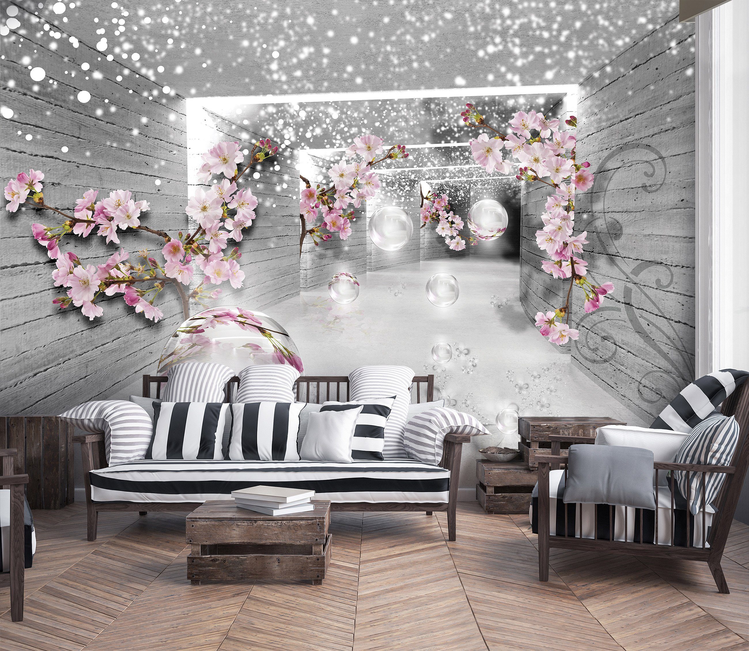 Wallarena Fototapete 3D EFFEKT Tunnel Blumen Abstrakt Modern Wohnzimmer Schlafzimmer, Glatt, 3D-Optik, Tapete grau Wohnzimmer Schlafzimmer Vliestapete Wand Deko + Kleister