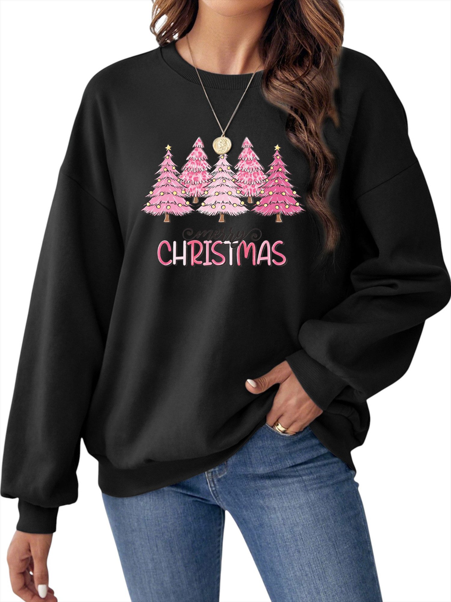 PYLIKE Fleecepullover Damen Festlich Sweatshirts mit Rosa Weihnachtsbaum Dr günstig online kaufen