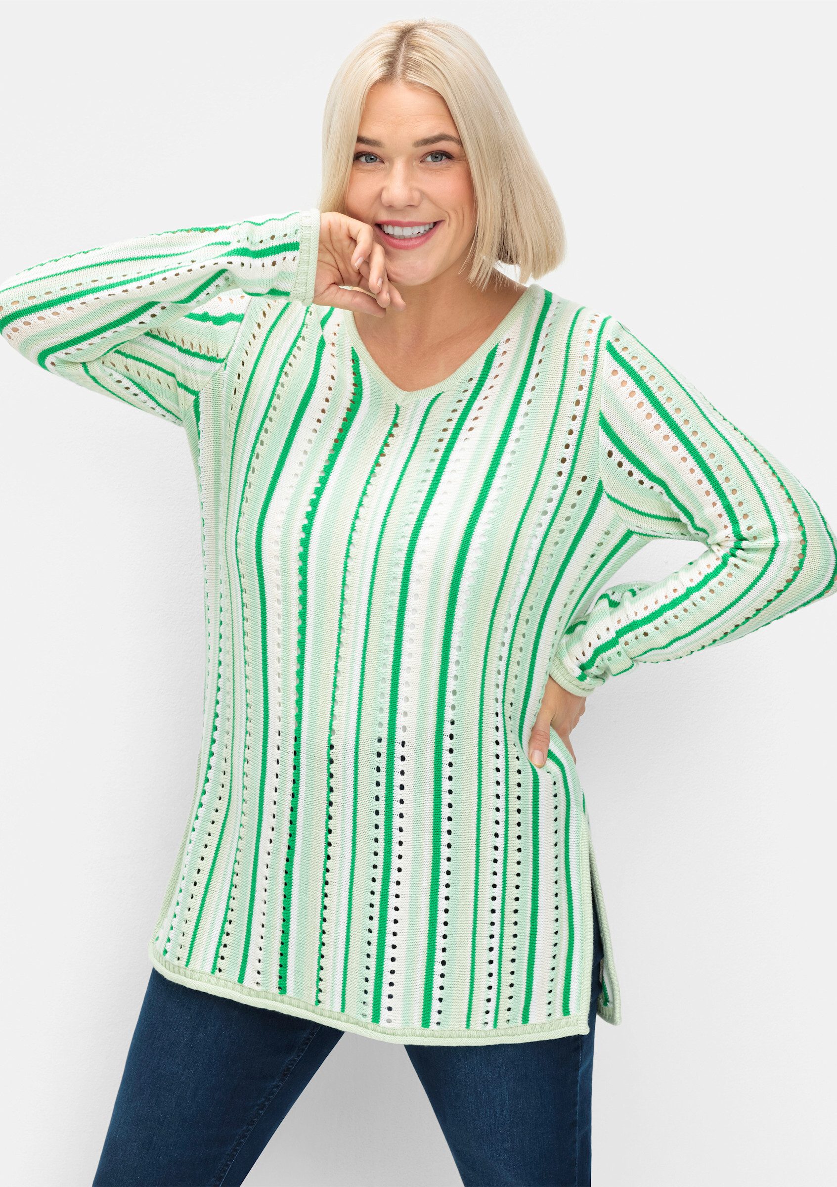 Sheego Strickpullover Ajourpullover . aus Ajourstrick, mit Seitenschlitz günstig online kaufen