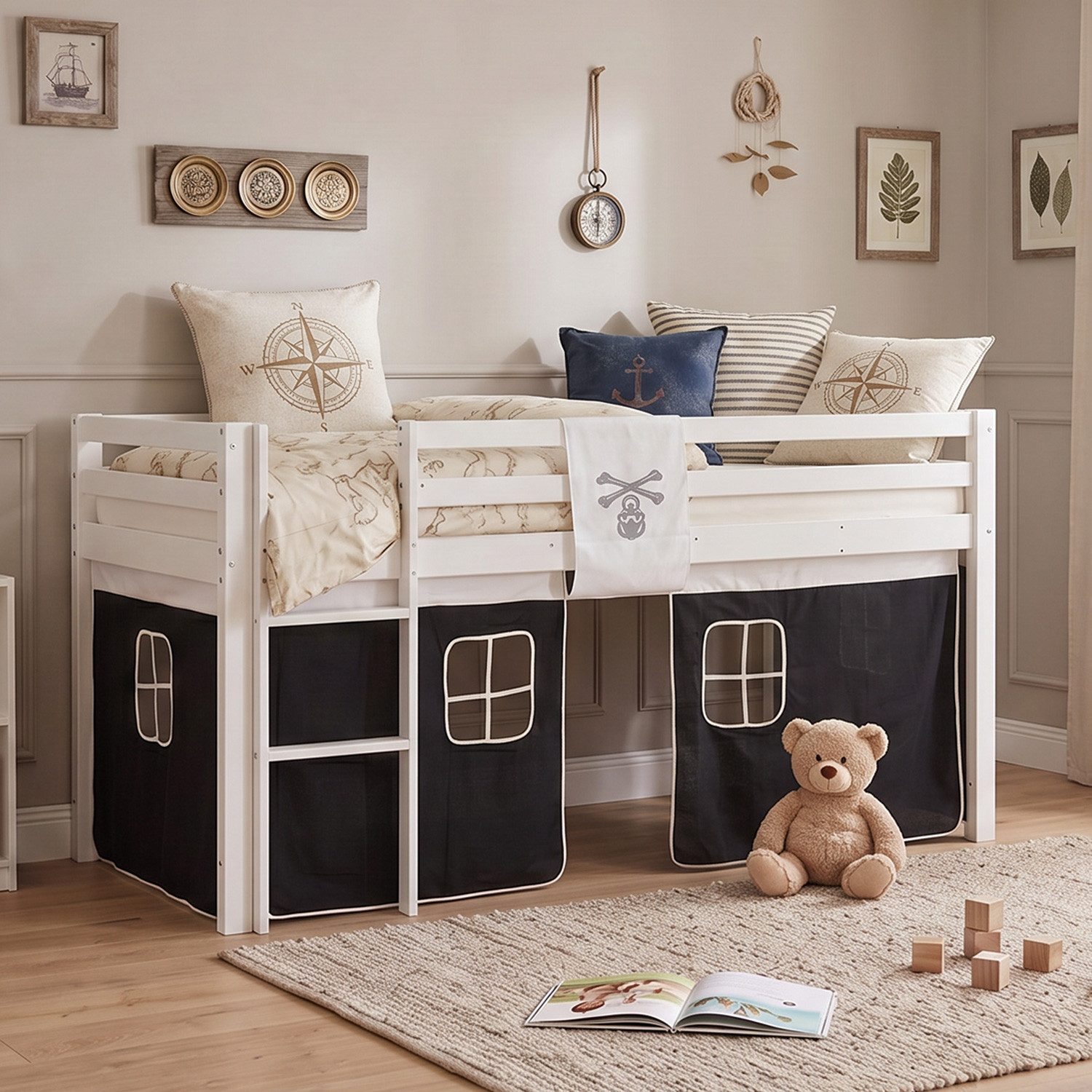 Homestyle4u Hochbett Kinder Rutsche 90x200 mit / ohne Matratze Holz Vorhang Jungen Pirat, Junge
