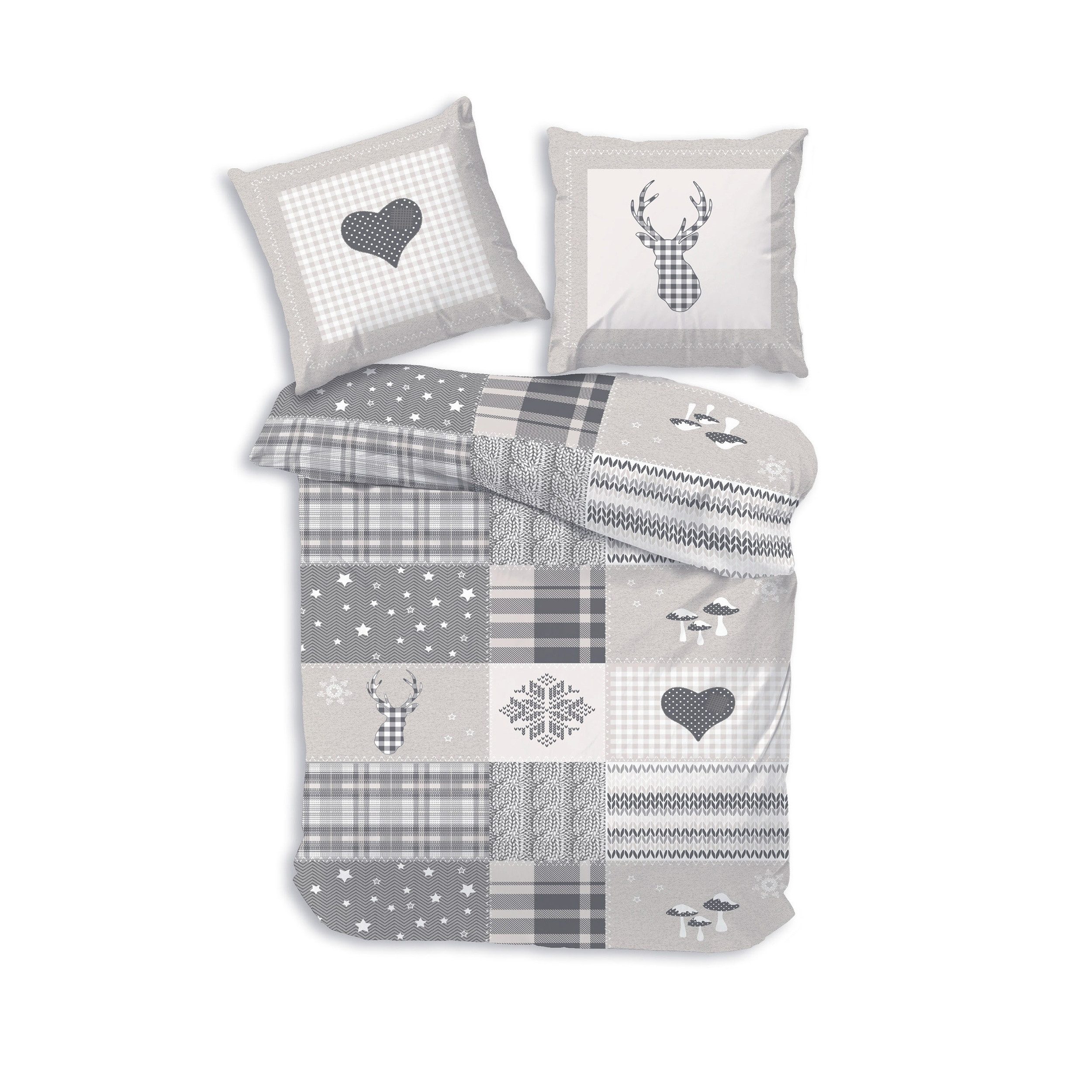 DOBNIG Bettwäsche Flanell, Flanell, 2 teilig, Mustermix mit winterlichen Motiven, kiesel