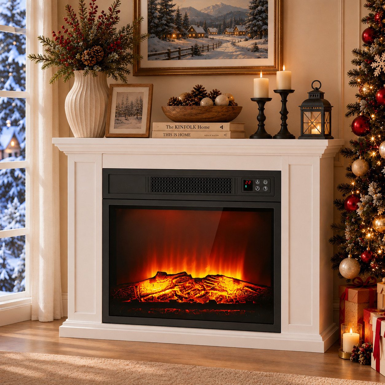 oyajia Elektrokamin mit Schrank, 23", 1000/2000W Heizung, 3D-Flammeneffekt, Thermostat, Elektrischer Kamin 79,7x20x53,9 cm, Fernbedienung, LED-Licht, Timer