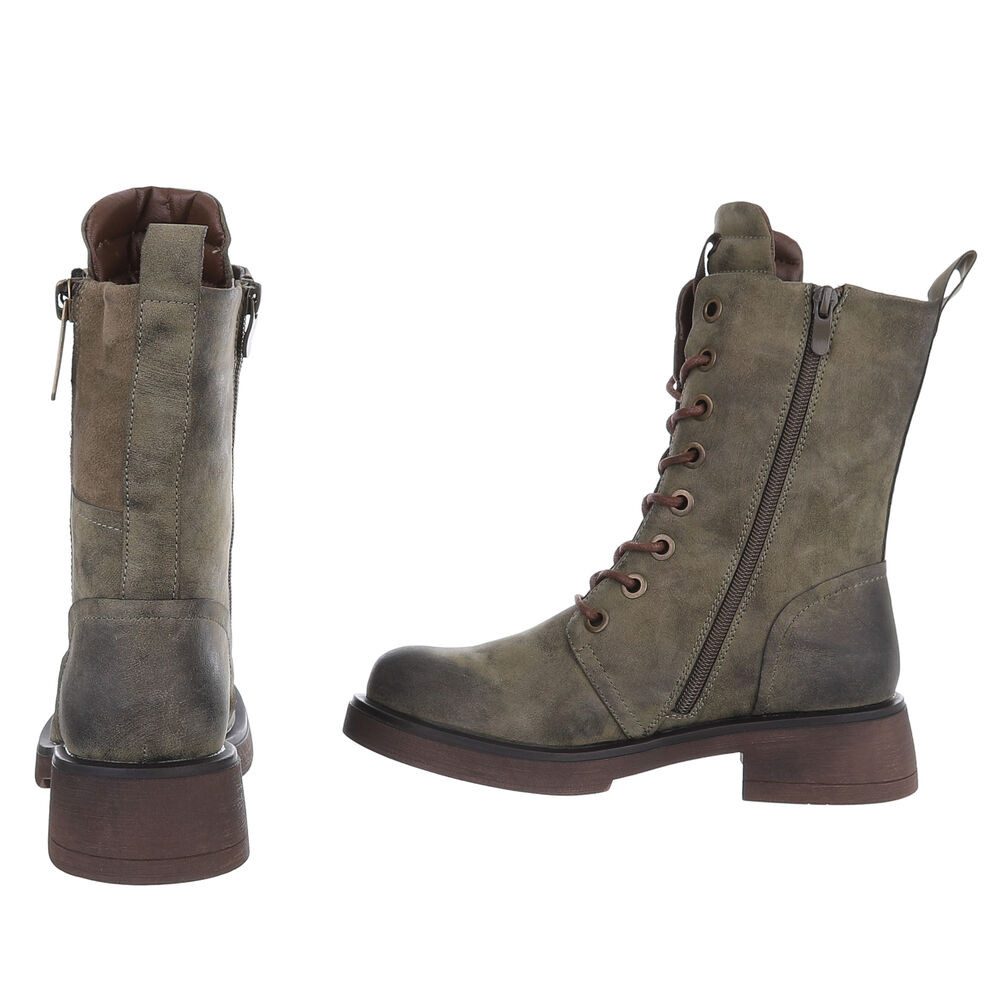 Ital-Design Modischer Damen-Boot mit Reißverschluss und Schnürung Schnürstiefelette (90515076) Blockabsatz Schnürstiefeletten in Grün