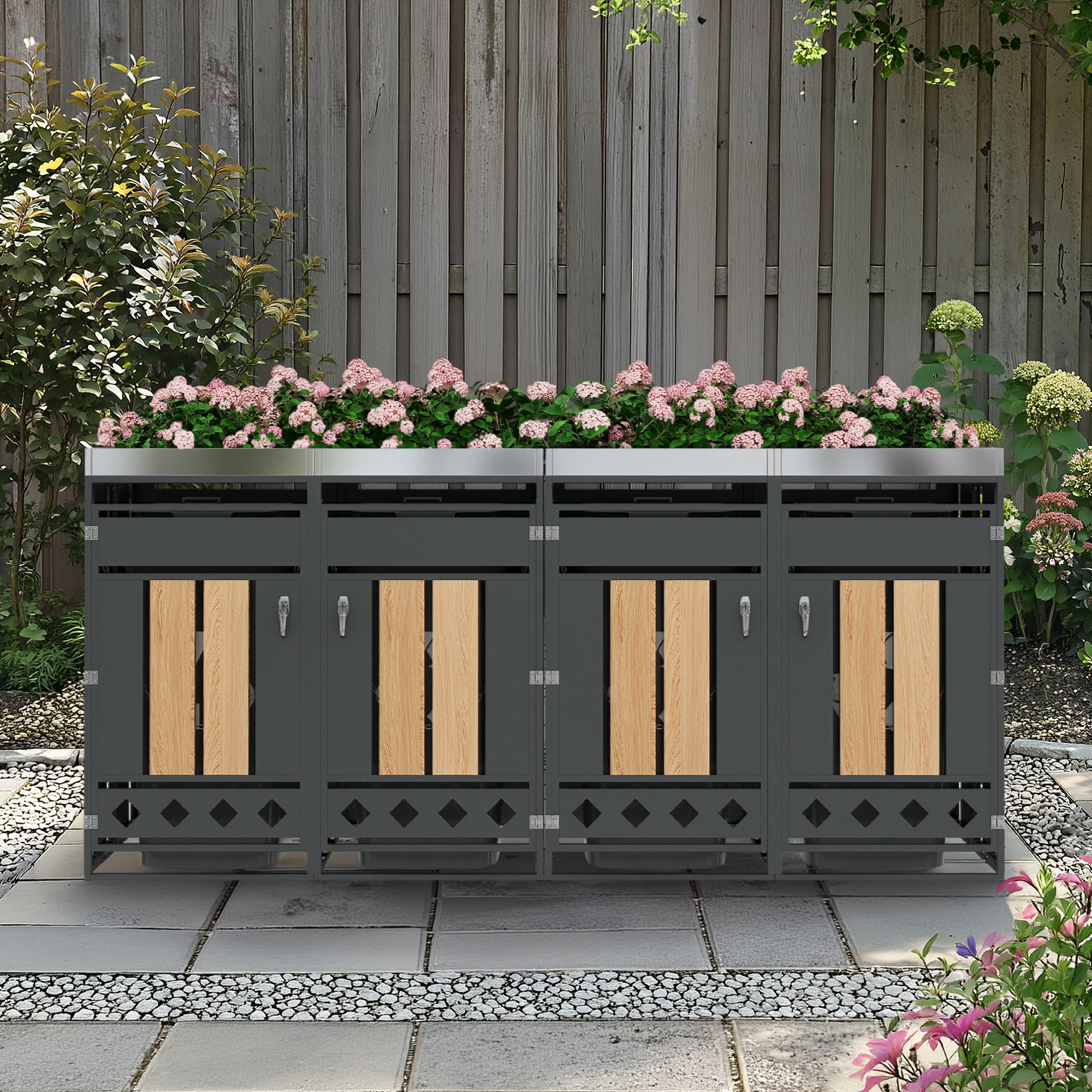 Refined Living Mülltonnenbox Mülltonnenbox mit Pflanzdach, Holzoptik & Belüftung Stahl abschließbar (4 Fächer, für 120–240L Tonnen, verzinkter Stahl, mit Pflanzfläche, 2 St., vertikale Holzoptik, rautenförmige Belüftung, abschließbar), modulare Verbindung, ideal für große Gärten & Gewerbe