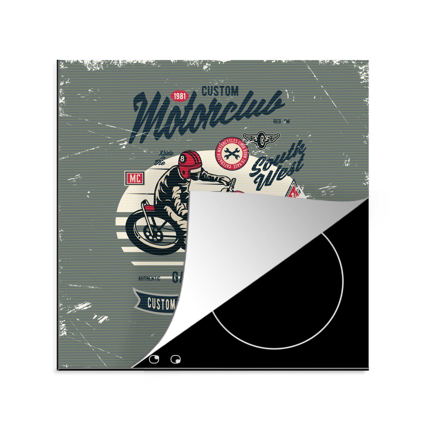 MuchoWow Herdblende-/Abdeckplatte Motorrad Vintage, Arbeitsplatte Vinyl, (1 Helm für Ceranfeldabdeckung, küche 78x78 tlg), cm, - 
