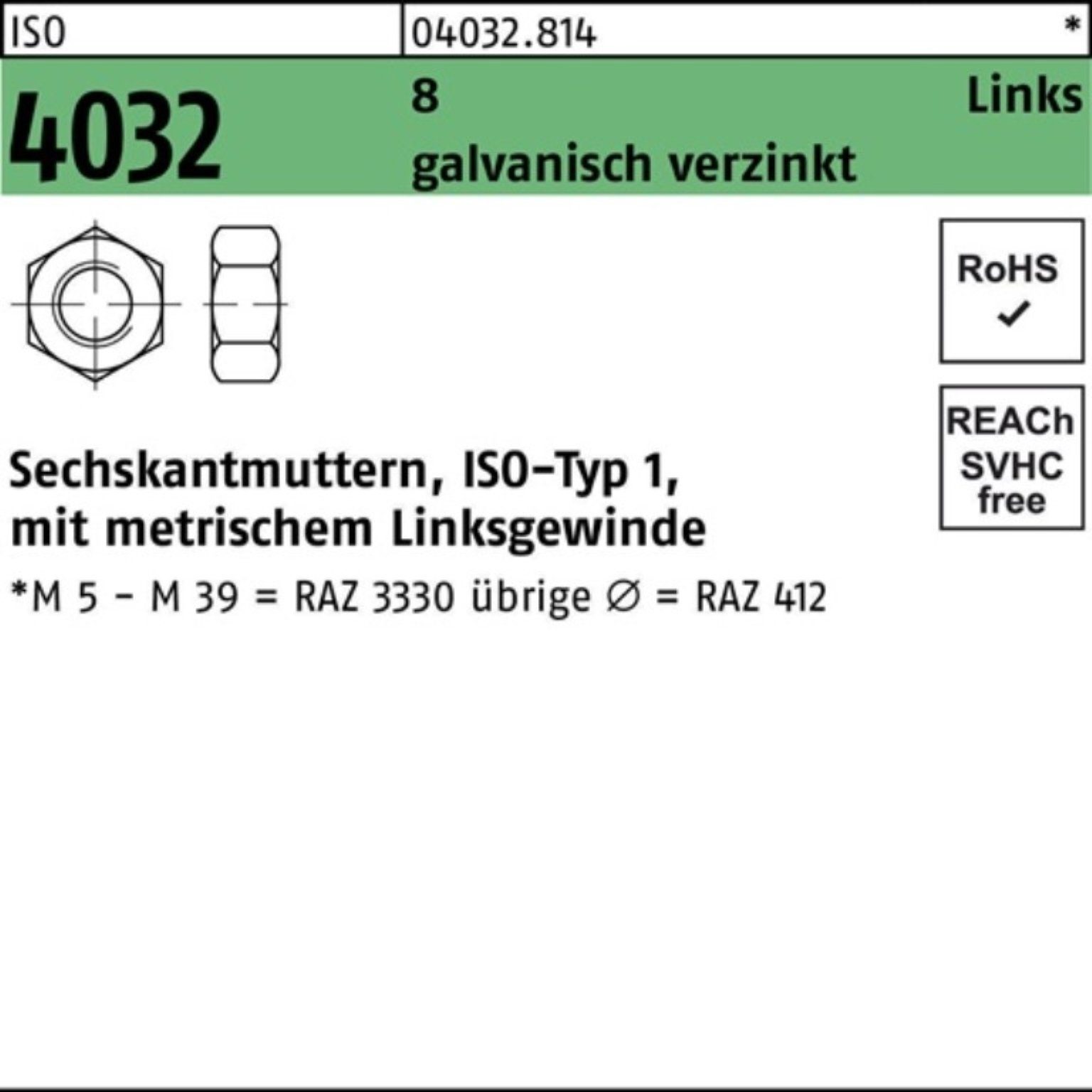 Bufab Muttern 100er Pack Sechskantmutter ISO 4032 links M12 8 galv.verz. 100 Stück