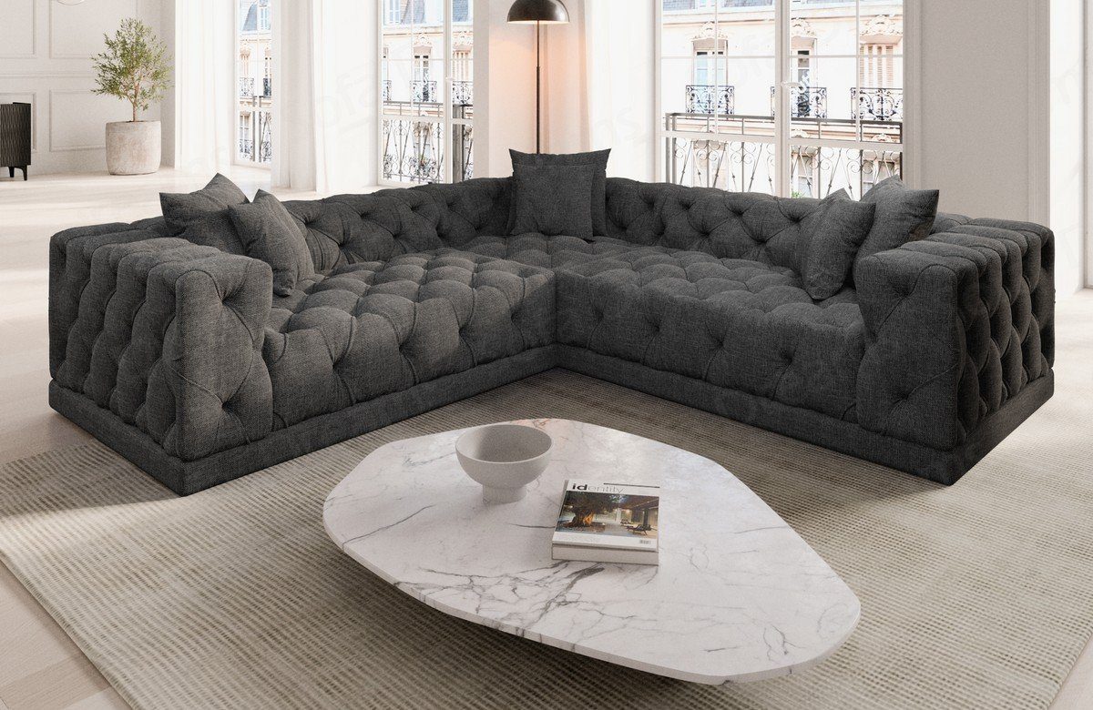 Sofa Dreams Ecksofa Polster Strukturstoff Stoff Sofa Palma L Form Stoffsofa, Loungesofa, Chesterfield Stil schwarzgrau97