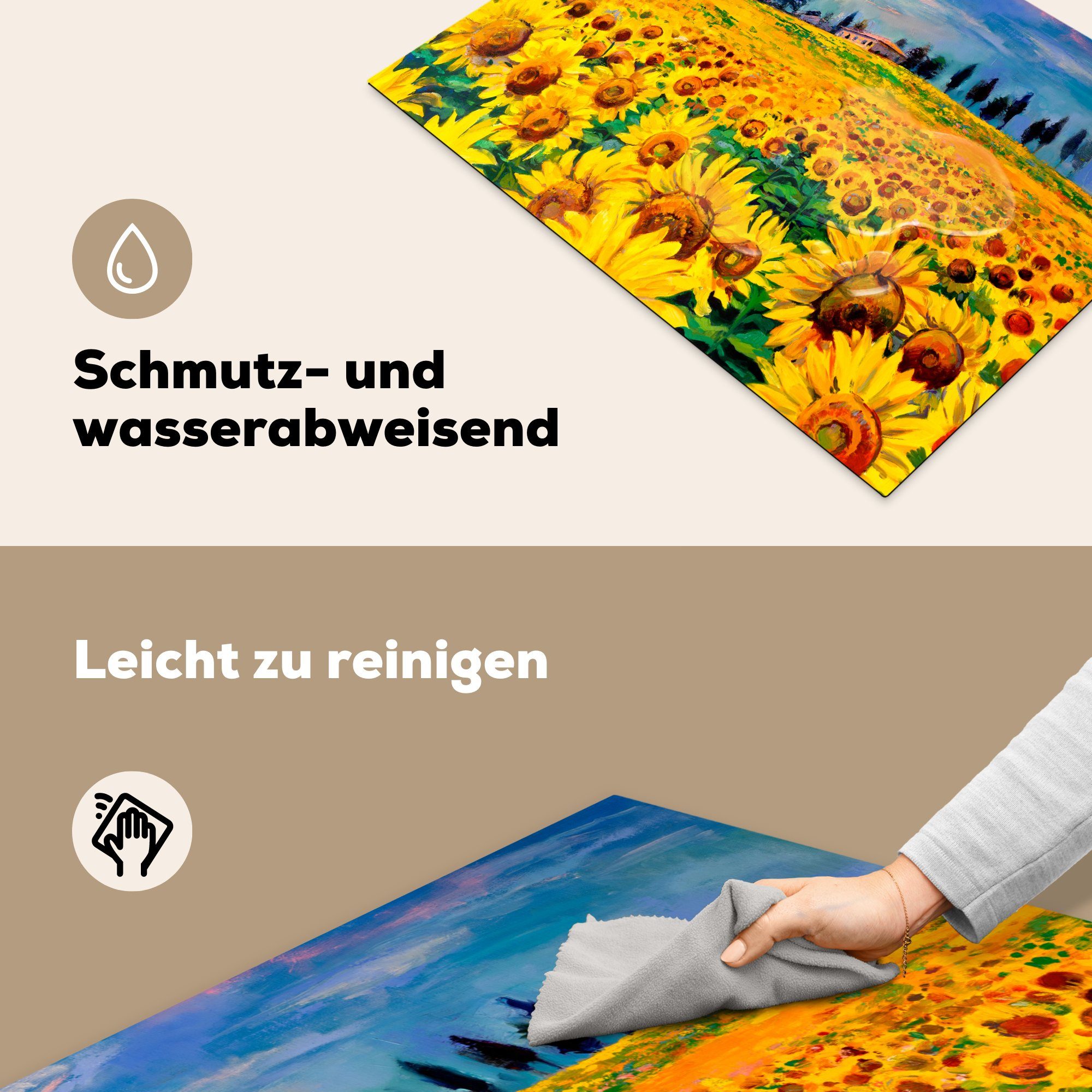 Ceranfeldabdeckung Ölfarbe - 70x52 Herdblende-/Abdeckplatte Vinyl, MuchoWow tlg), cm, Gemälde - nutzbar, Arbeitsfläche (1 - Sonnenblume Mobile Blumen,