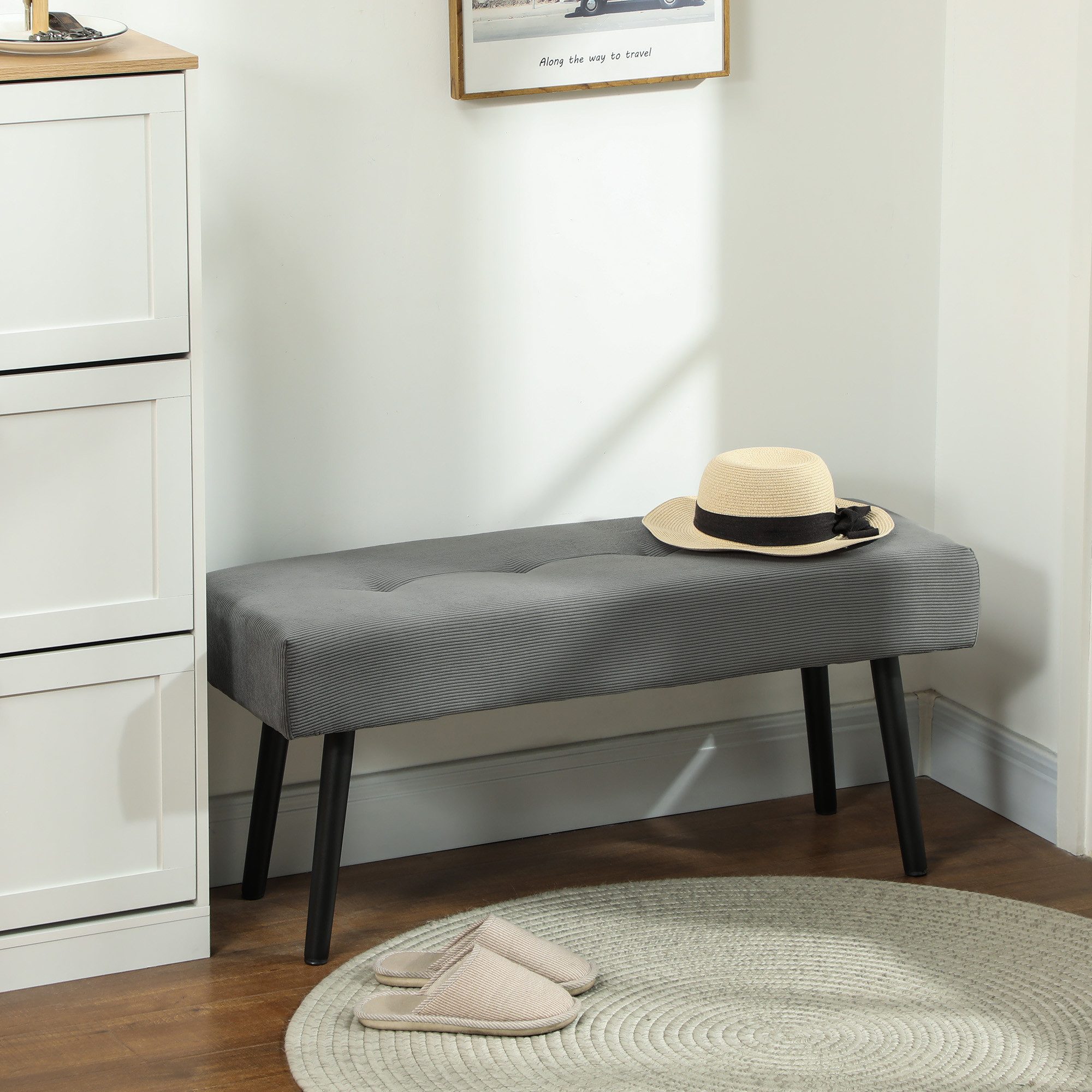 HOMCOM Polsterbank mit Cordbezug, Metallbeine (Schuhbank, 1-St., getuftete Bettbank), für Schlafzimmer, Wohnzimmer, Flur 100 x 36 x 45 cm Grau