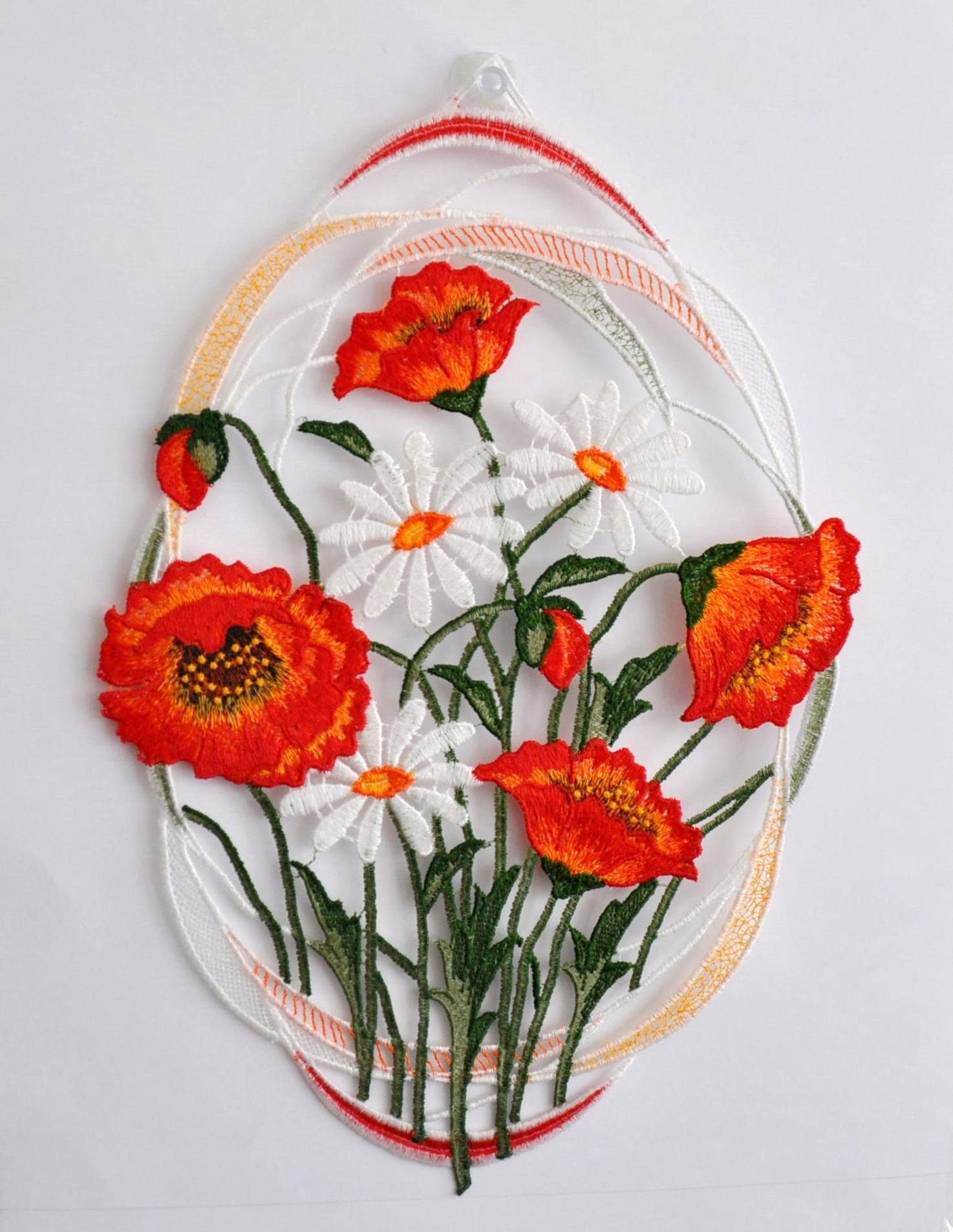 Stickereien Plauen Fensterbild Mohnblumen, mit echter Plauener Spitze Stickerei