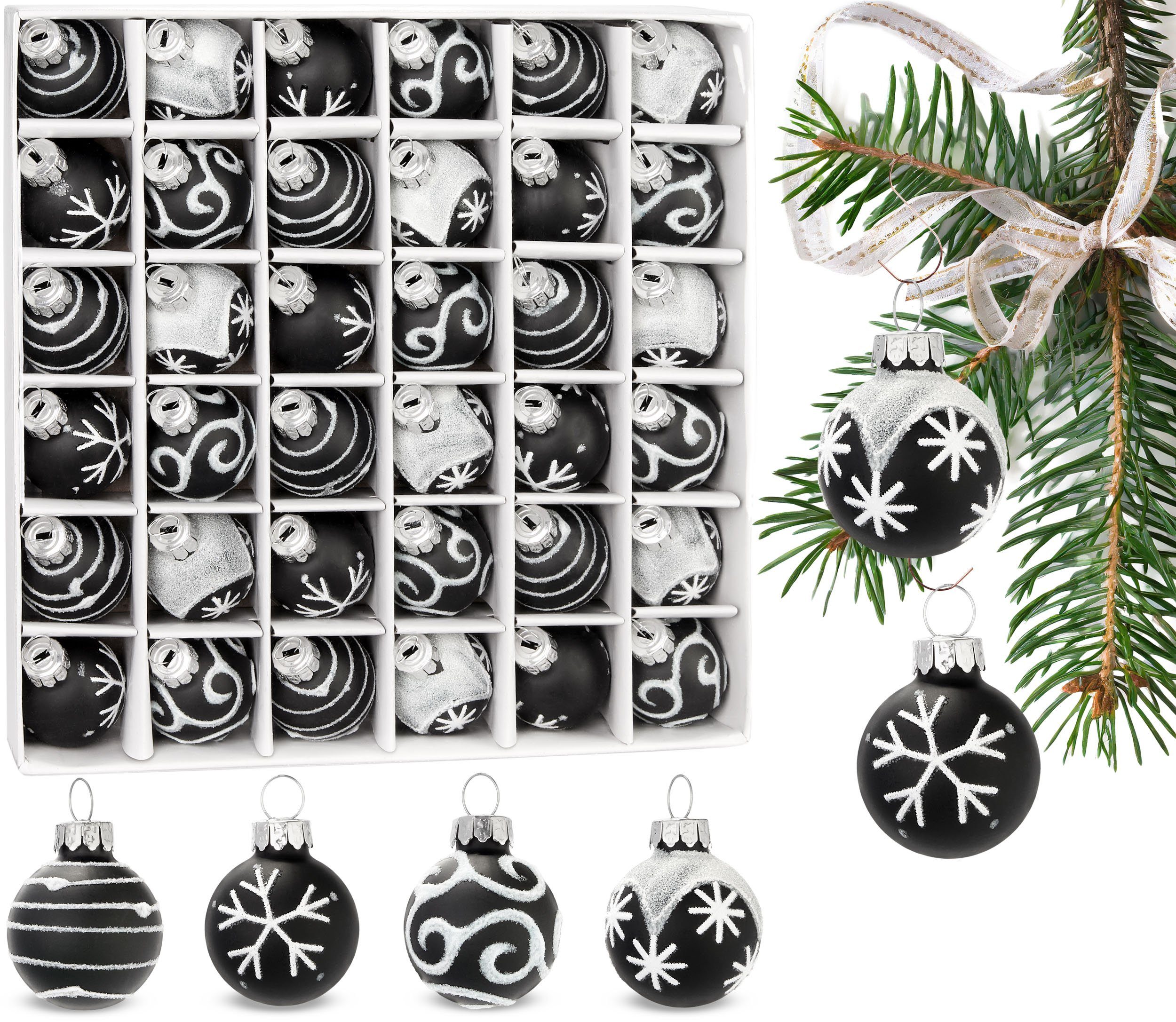 3 Christbaumschmuck Baumkugeln Mini - aus mit für St), (36 BRUBAKER Kugeln Weihnachtsbaum Handbemalter Weihnachtsdekorationen Schwarz Glas und cm Weihnachtsbaumkugel Weihnachtskugeln