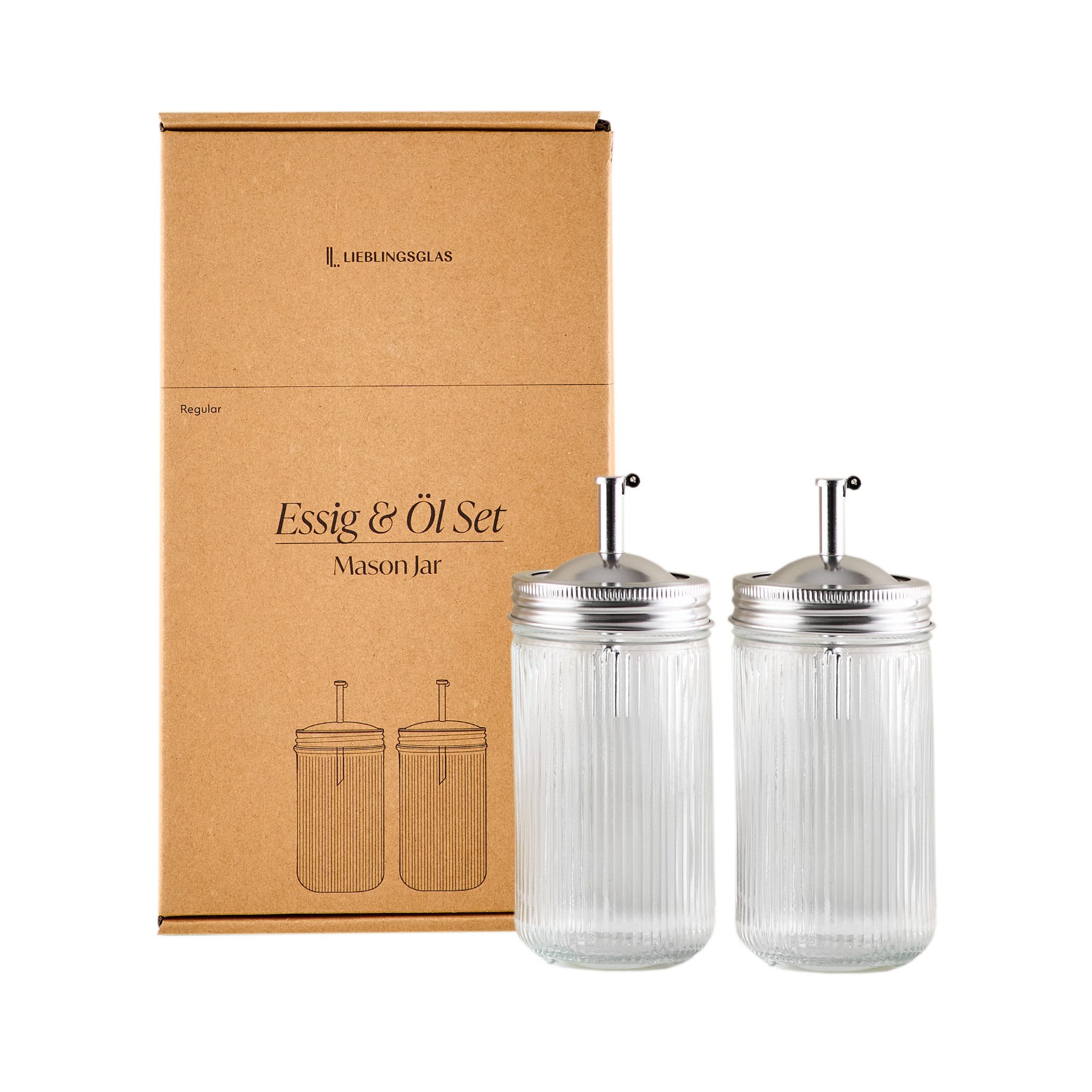 Lieblingsglas Ölausgießer Essig & Öl Set, Geschenkset, Set, 4-St., 2 x Glas mit Edelstahl-Ausgießer, Stilvolles, präzises Dosierset für Essig & Öl aus Glas mit Ausgießern