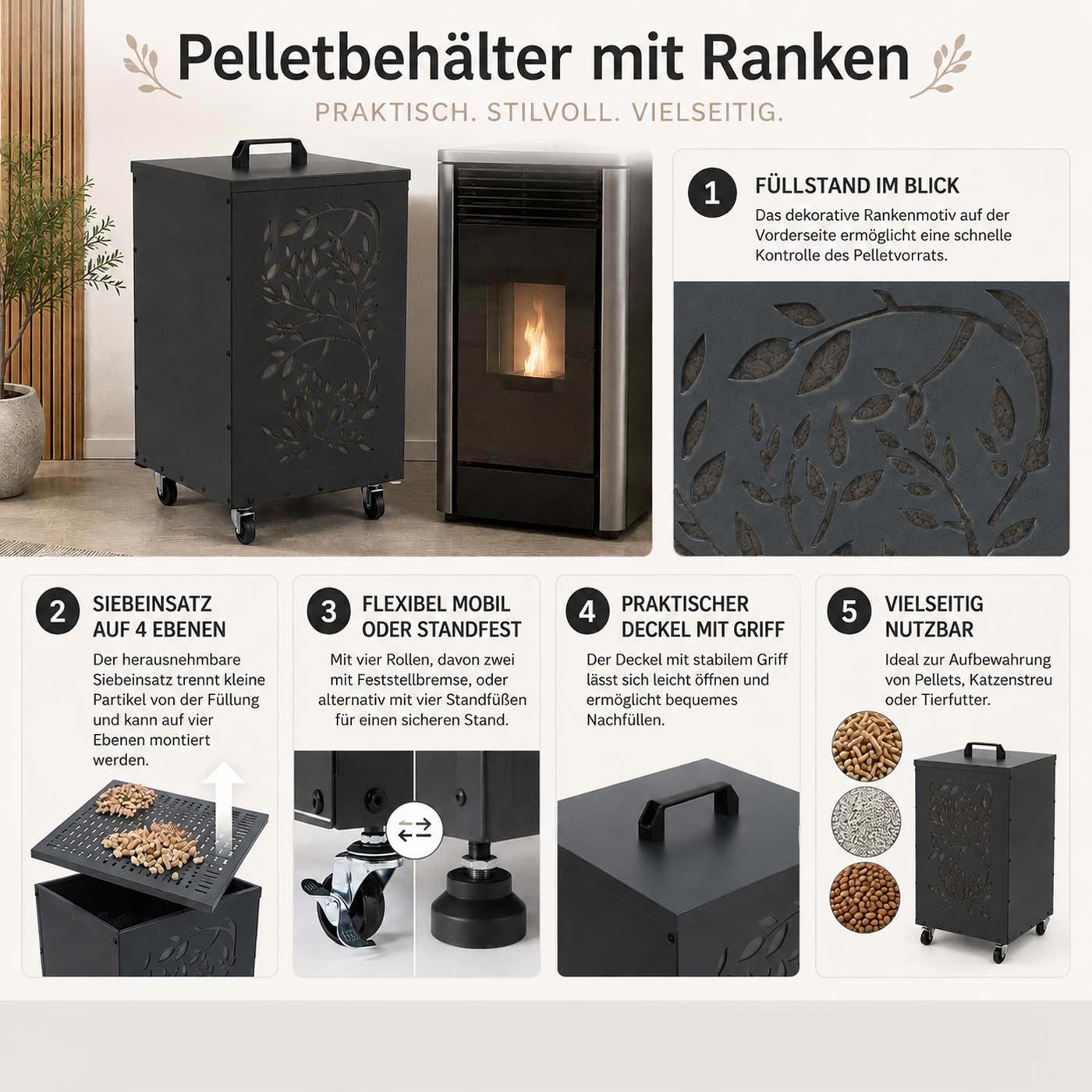MCW Kaminholzkorb MCW-Q30-R, mit Rankenmotiv, für die Aufbewahrung von Pelletts oder Katzenstreu