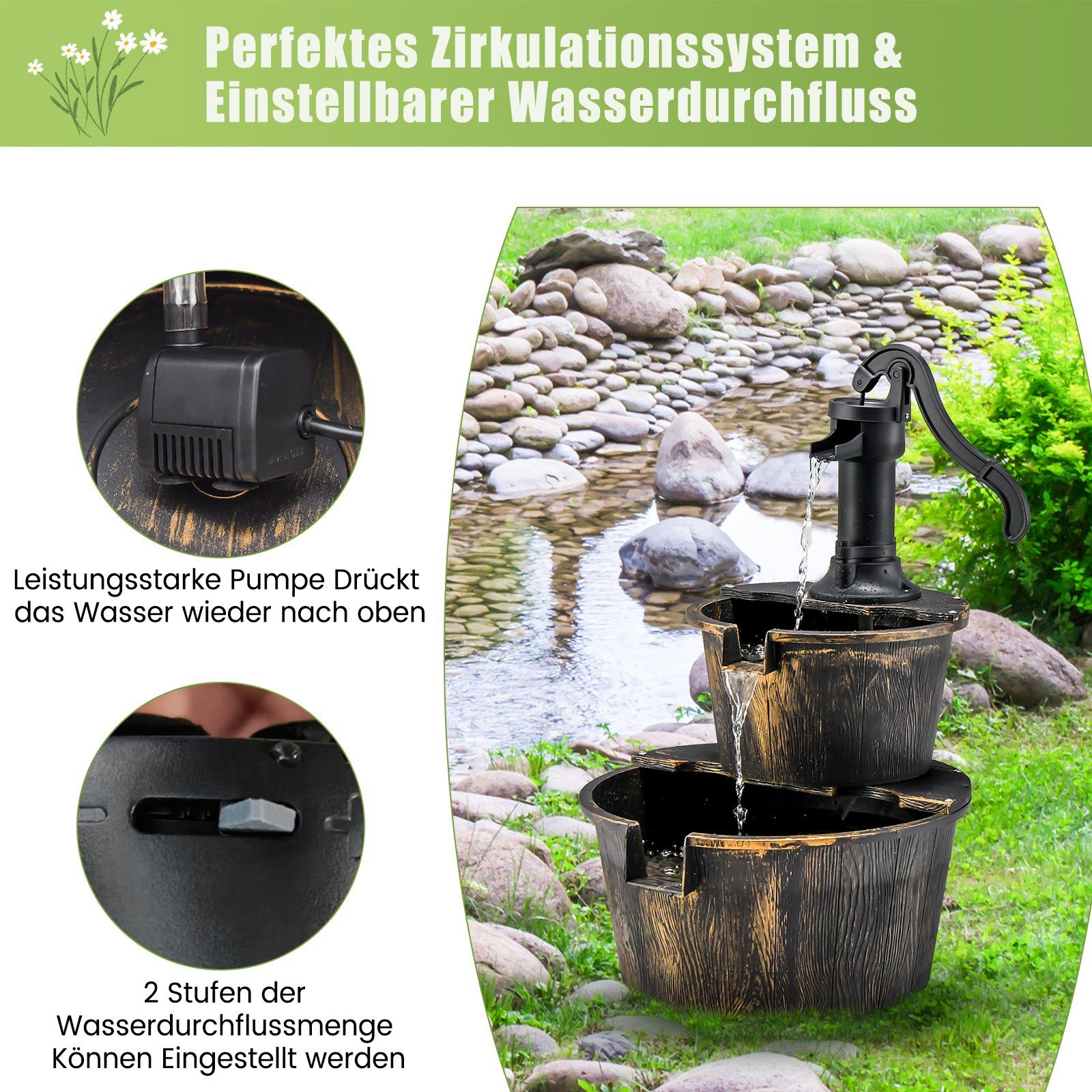 COSTWAY garden fountain, water basin WxL: 41.00x45.50 cm, with water pump