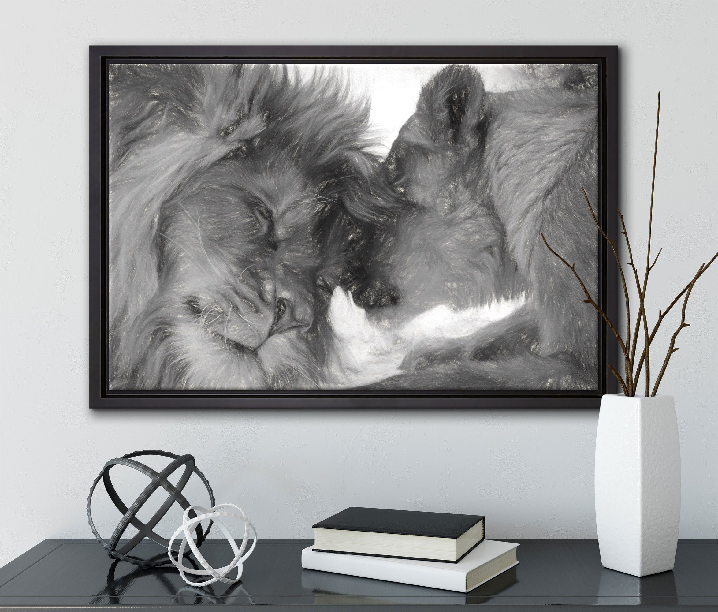 Pixxprint Leinwandbild Kuschelnde Löwen, St), gefasst, inkl. Zackenaufhänger bespannt, Wanddekoration Leinwandbild fertig Schattenfugen-Bilderrahmen einem in (1