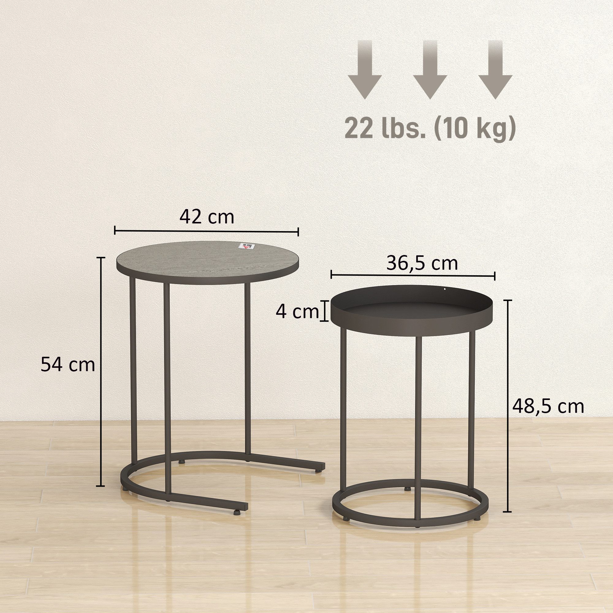 HOMCOM Beistelltisch Couchtisch 2er Set mit Tablett-Design, Holzoptik mit Metallgestell (2er Set Wohnzimmertisch, 2-St., Runder Couchtisch), für Wohnzimmer Grau