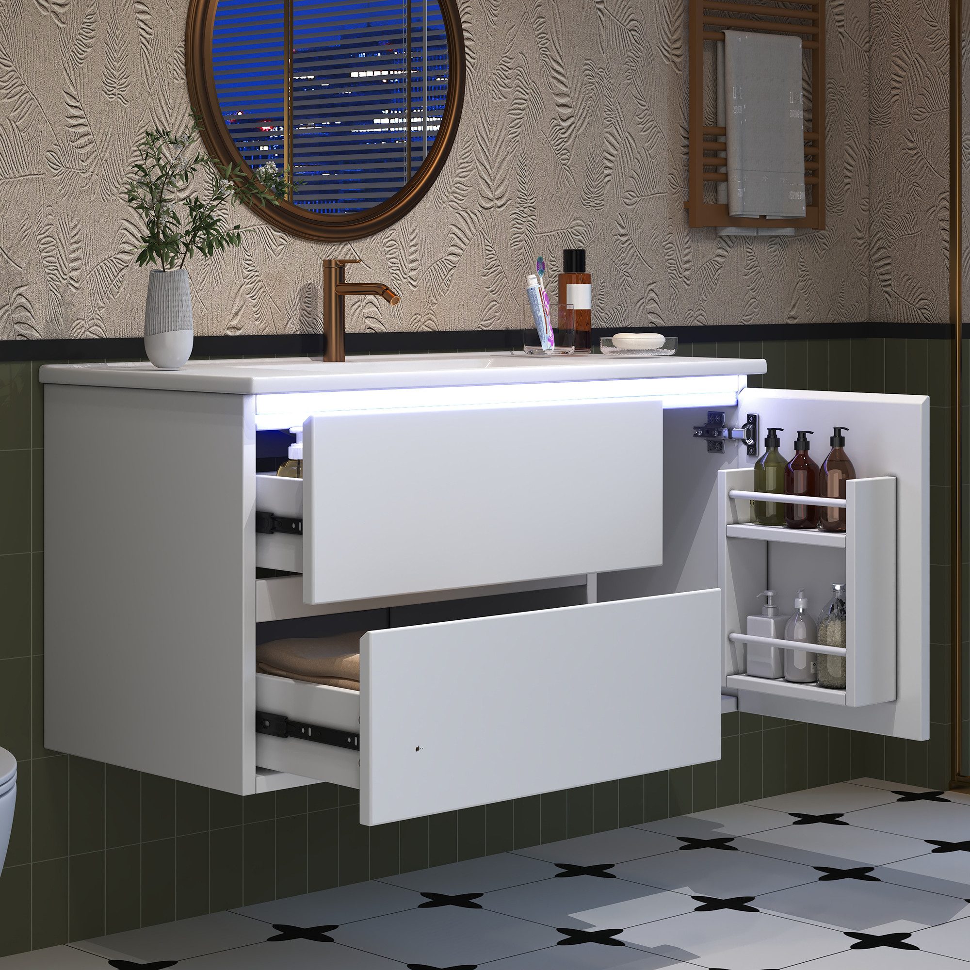Flieks Waschtisch mit LED-Radarsensor Waschbeckenunterschrank inkl. Waschbecken (wandhängend, Badschrank mit Led-Beleuchtung Waschplatz Badzimmer, 1-St., B91,5/T46,5/H50,5 cm, Volllackierung), Badmöbel-Set mit Schubladen und Türablagen Badezimmerschrank Weiß