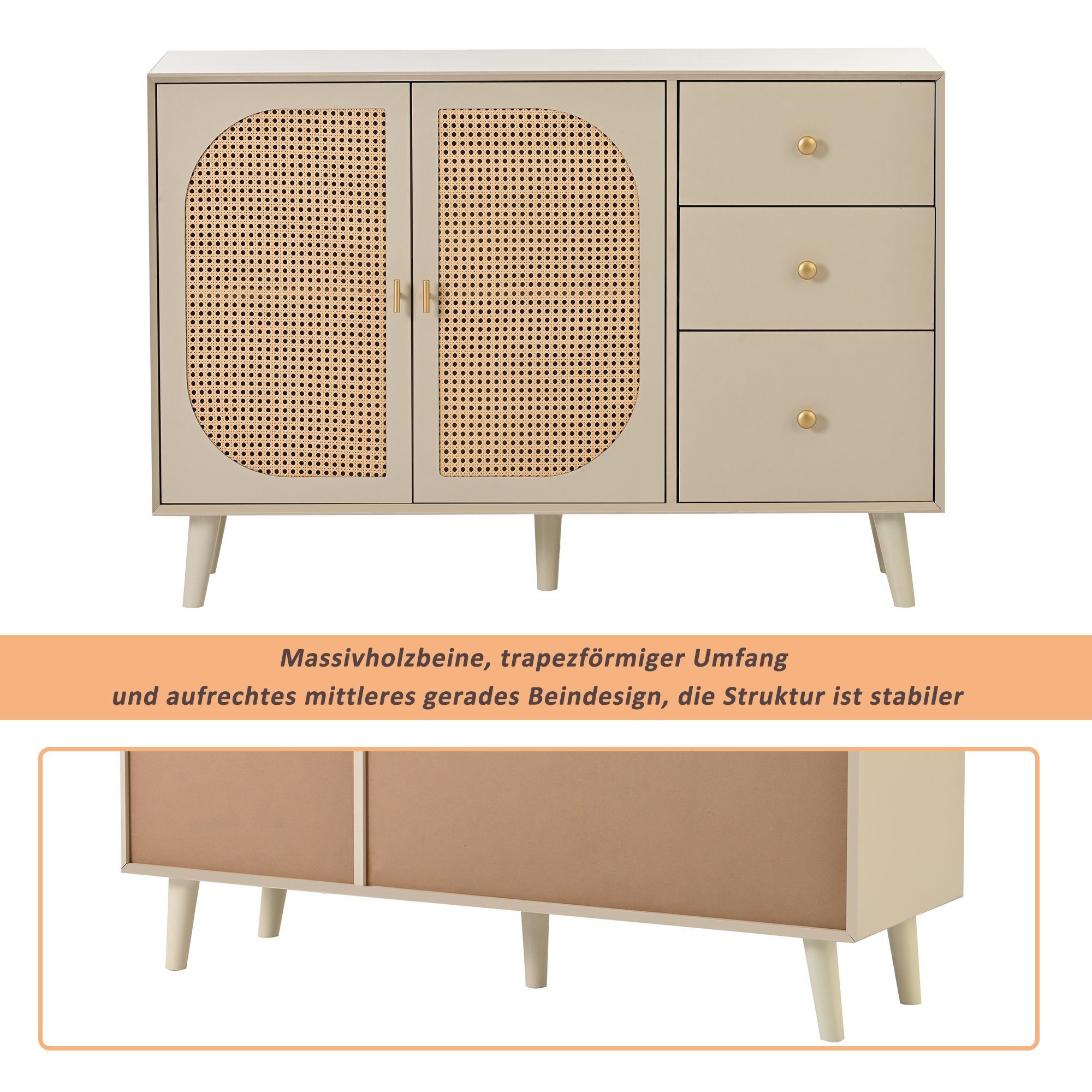 Merax Sideboard aus Holz mit 3 Schubladen und Rattan Geflechte Türen, Kommode mit Holzfüßen,Metall Bügelgriff,Lowboard,TV-Board,B:120cm