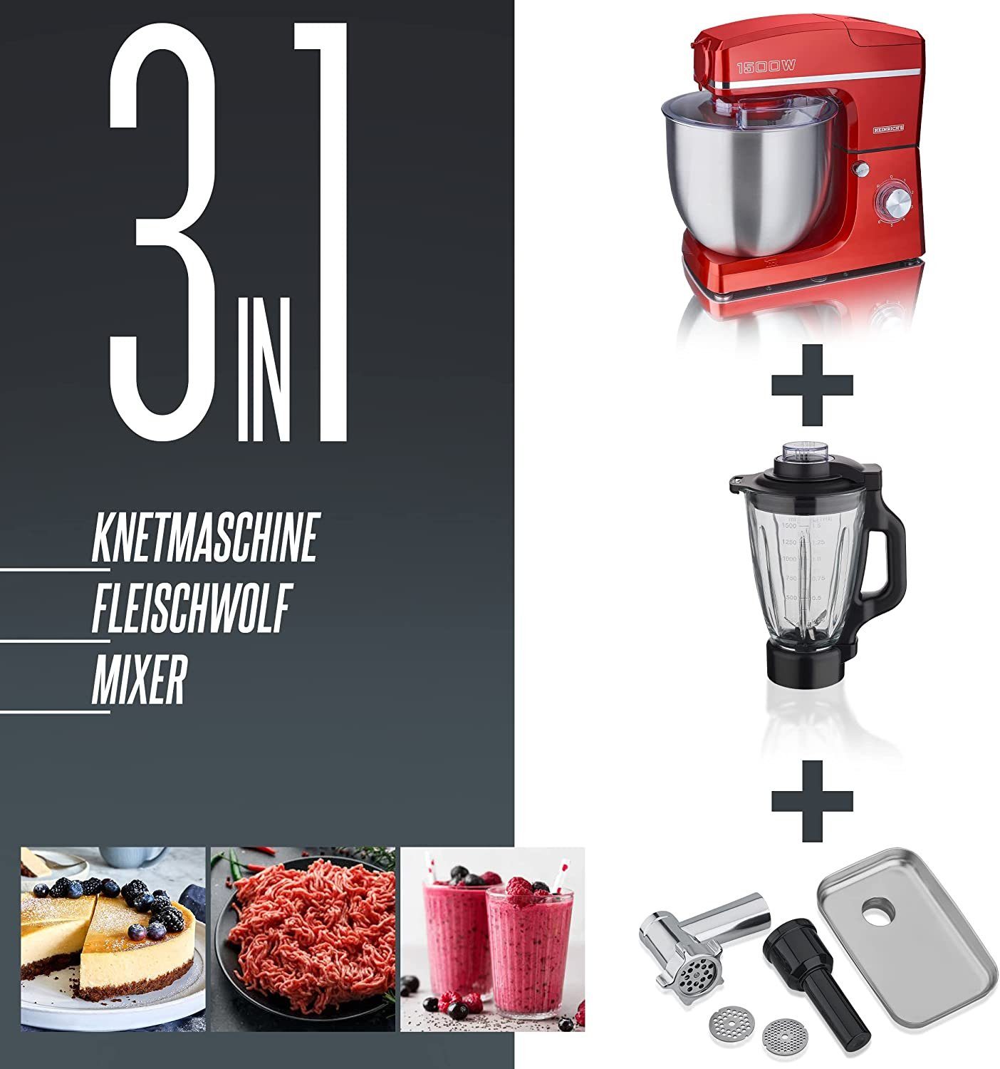 Heinrich´s Küchenmaschine, 1500 W, 10,00 l Schüssel, 6 Geschwindigkeiten, Multifunktional, XXXL