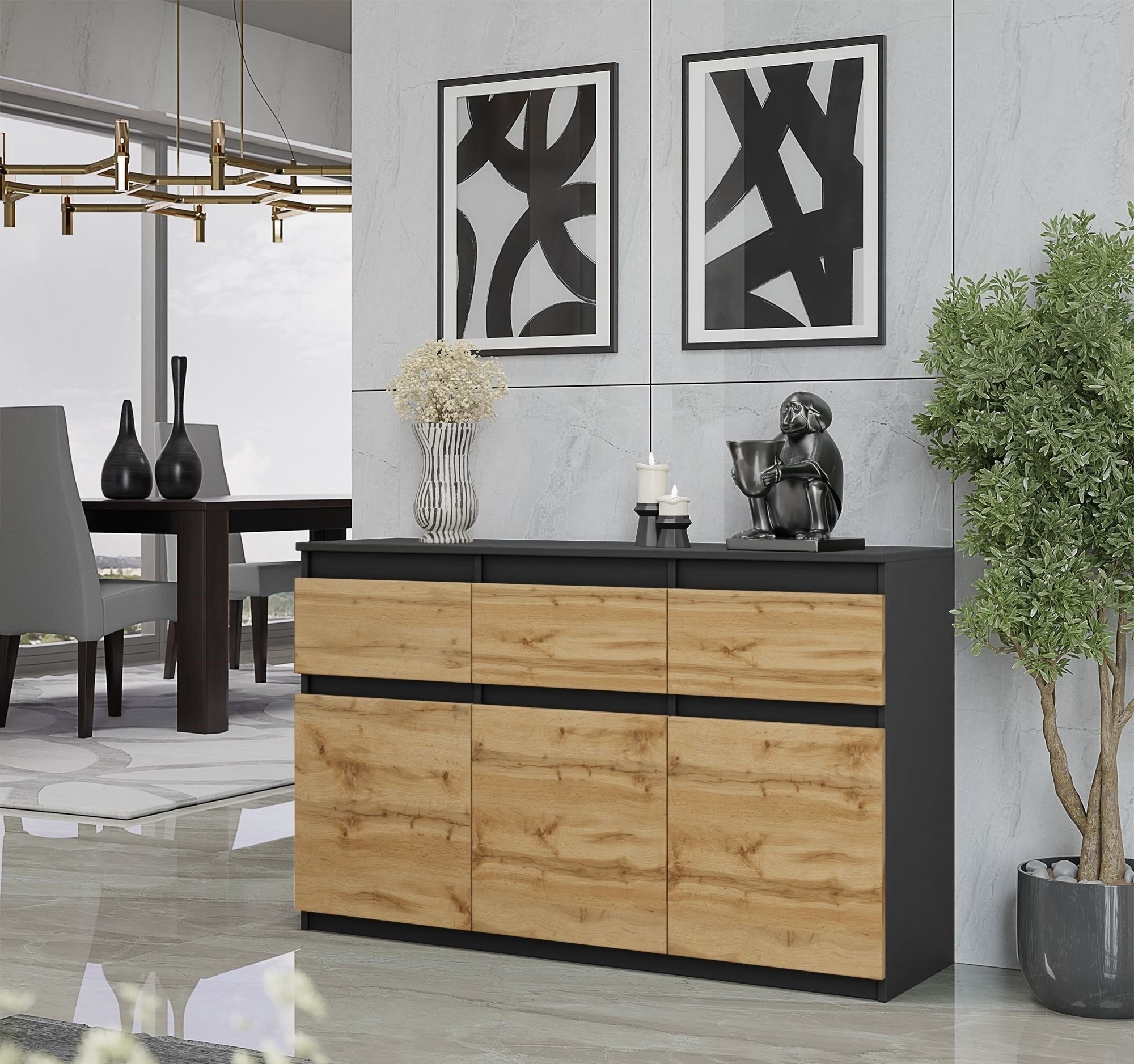 Furnica Sideboard NOAH, 3 Schubladen und 3 Türen - Anthrazit/Wotan Eiche H7 günstig online kaufen