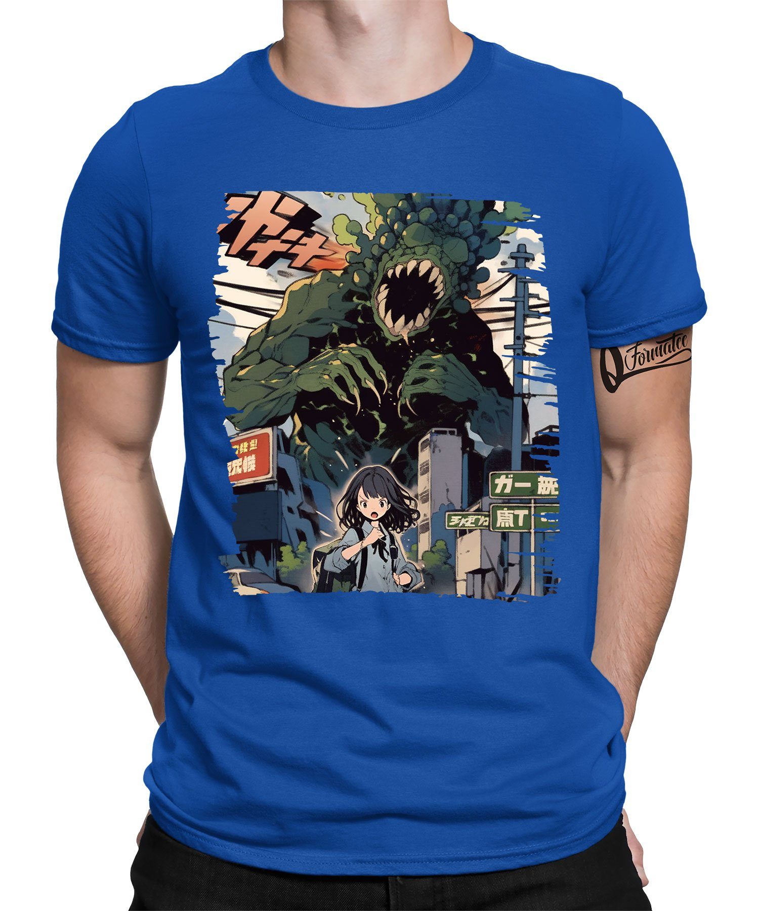 Quattro Formatee Kurzarmshirt Japanese Japan Kaiju - Anime Japan Ästhetik Herren T-Shirt (1-tlg) Blau