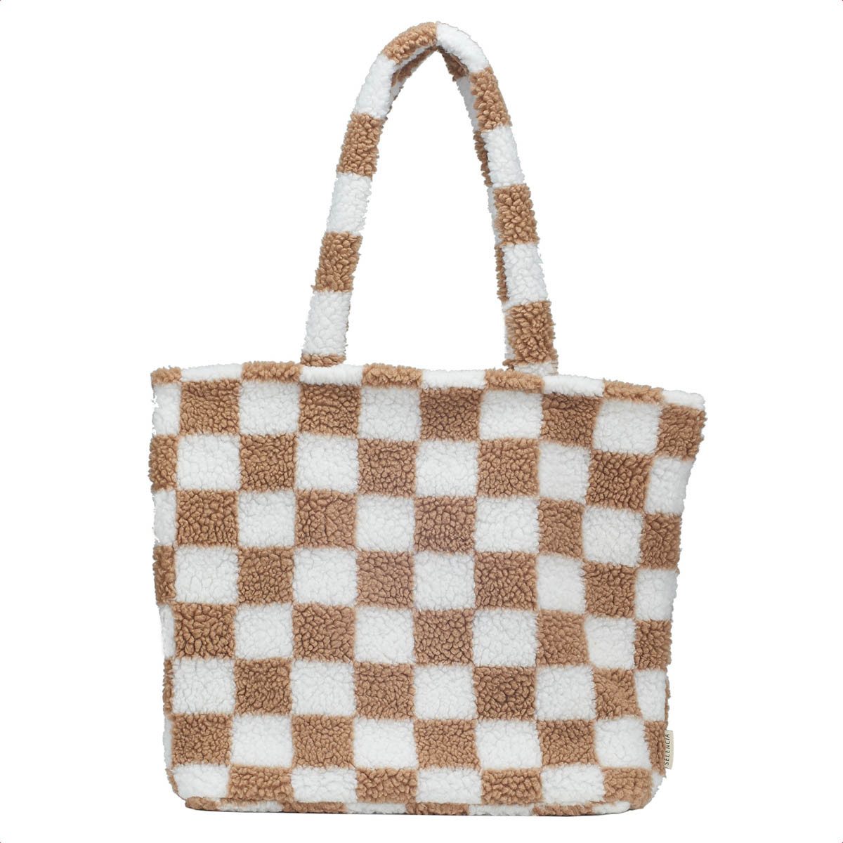Selencia Laptoptasche Selencia Zaya Tote Bag - Teddy Laptoptasche 16 Zoll - Checkered Beige
