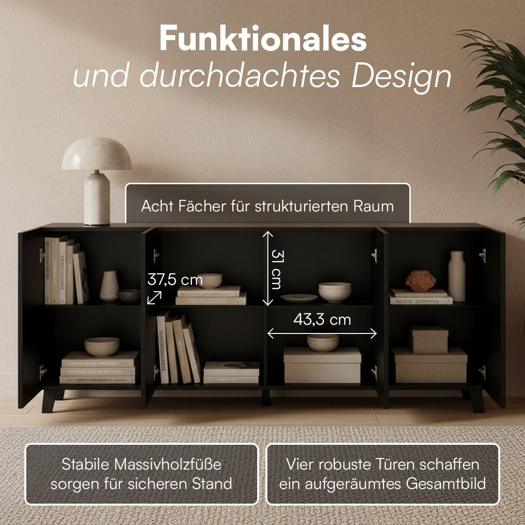 Bellamio Kommode Tana aus Holz (mit 4 Türen, schwarz, 85x40x185 cm), Sideboard mit geriffelter Front, grifflos, mit 8 Fächern