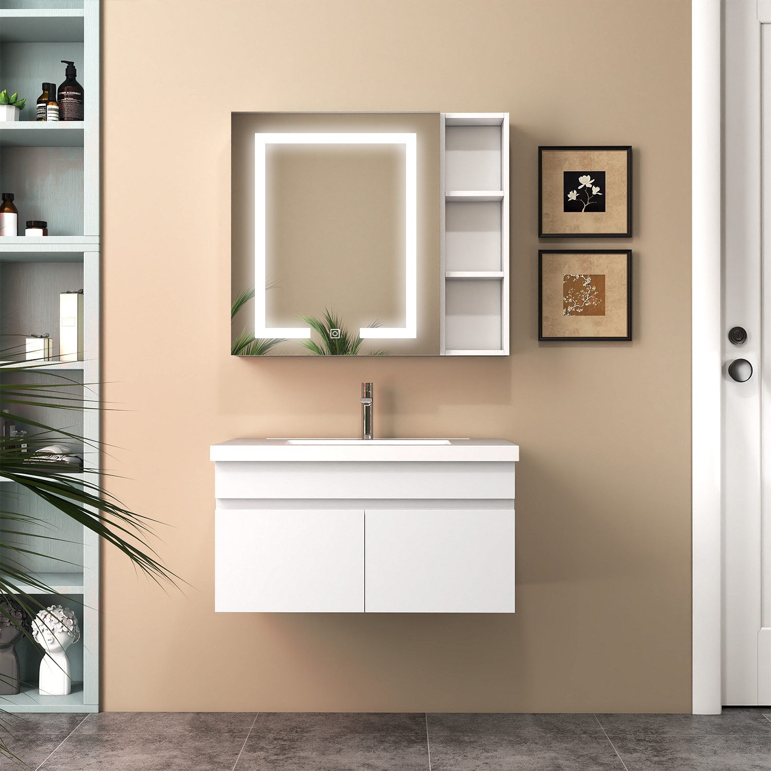 duschspa Badmöbel-Set mit Waschbecken und LED-Spiegelschrank,3 teilig Gäste WC Waschtisch, (1x Unterschrank 1x Waschbecken 1x Spiegelschrank), 60/80cm