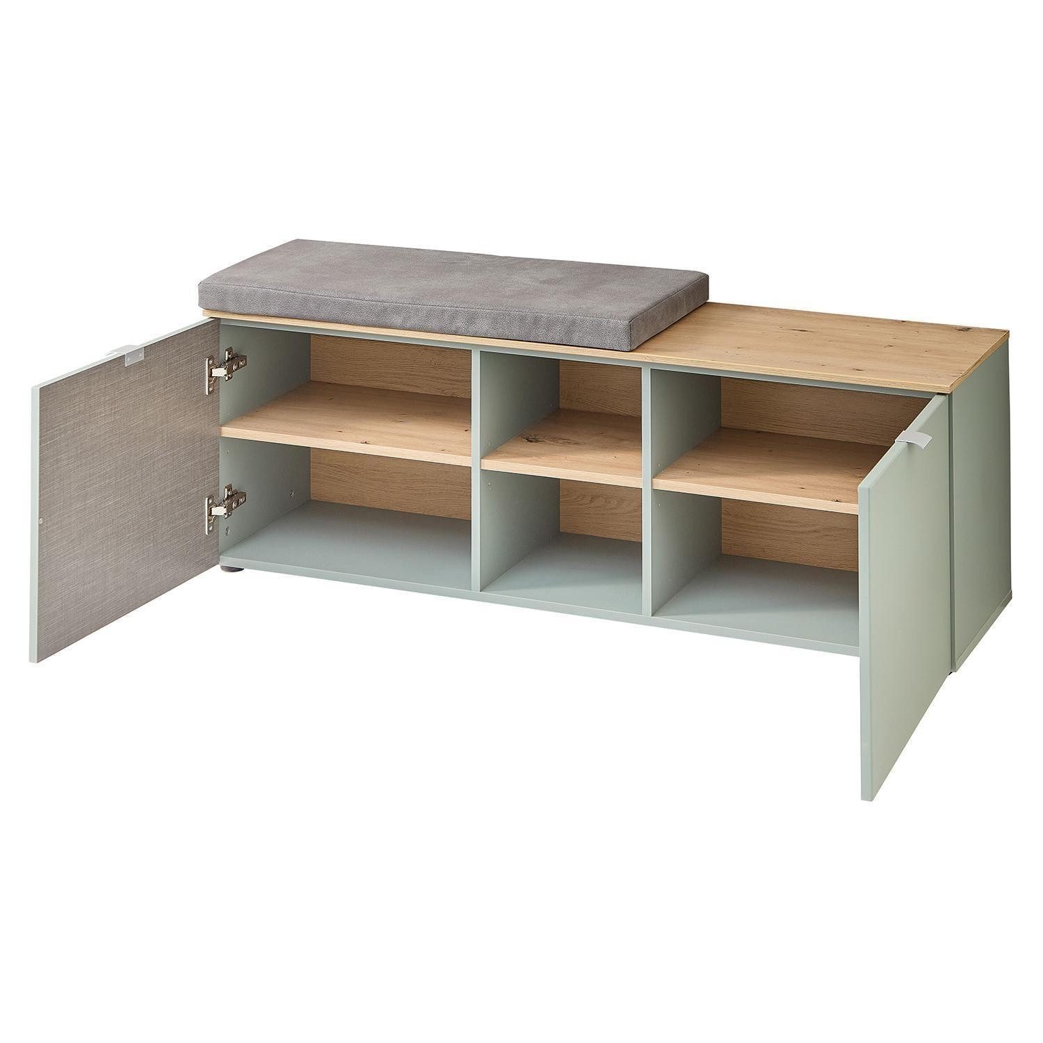 Innostyle Sitzbank BARI, Artisan Eiche Dekor, Schilfgrün, 2 Türen, 2 Ablageflächen, mit Sitzkissen, B 128 x H 50 x T 38 cm