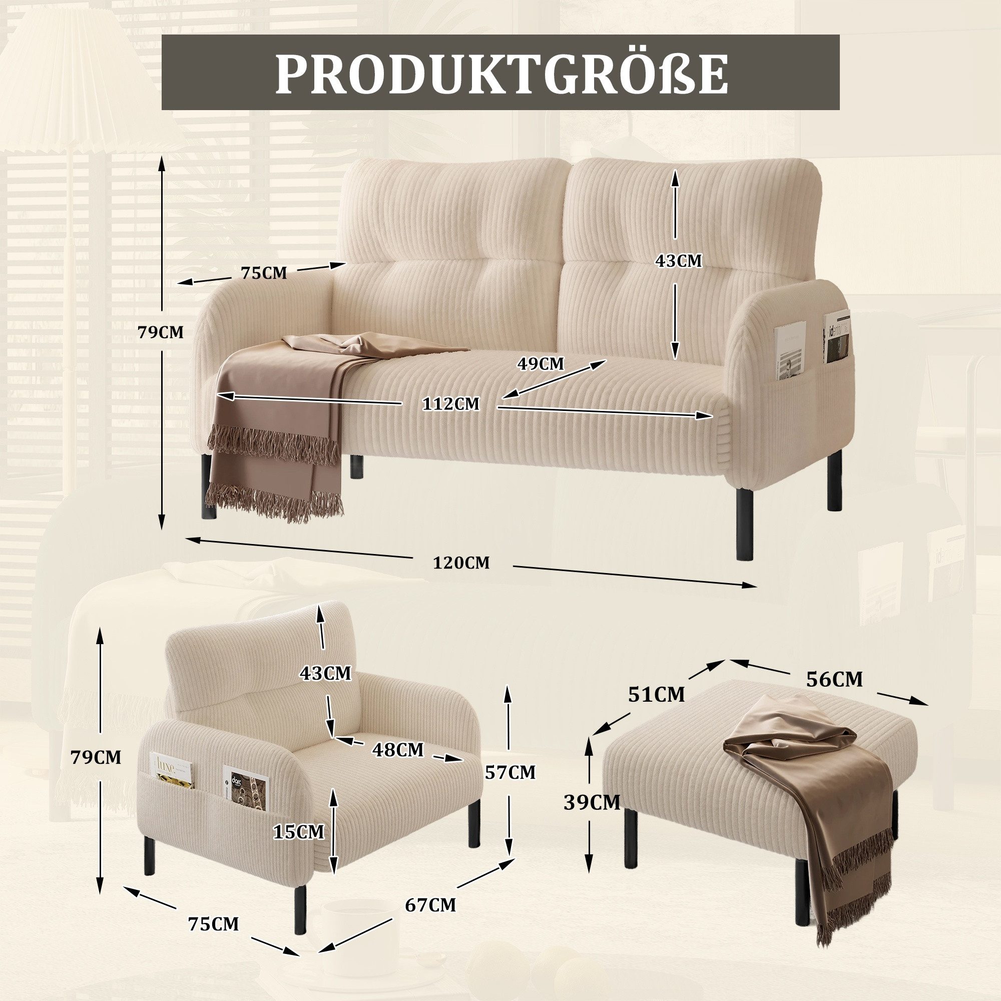 LVHOM Sofa Polstergarnitur, Sicher, komfortabel & multifunktional für Familien, 3-2-1 sitzer, 3 tlg. Sofa-Set: Zweisitzer+Sessel+Hocker/Ottomane, modular kombinierbar für maximale Flexibilität. Perfekt für Wohnzimmer, Büros oder kleine Apartments – schafft sichere Sitzgelegenheiten mit kinderfreundlichem Design & Platzoptimierung 3 Teile, Kindersicher mit runden Ecken. Hocker als Tisch oder Sitz nutzbar.
