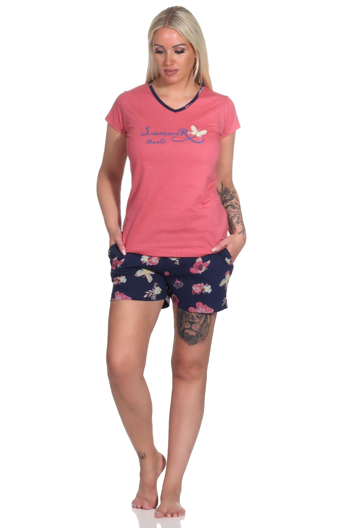 Normann Pyjama Damen kurzarm Shorty als Motiv Schmetterling Schlafanzug mit rot