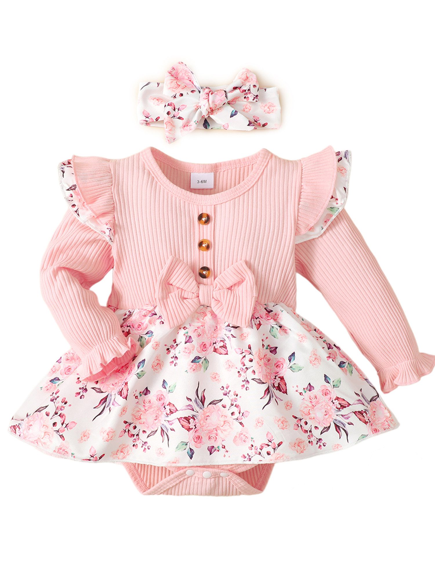 Strampler Neugeborenen Set, langärmeliger Bodysuit & Stirnband mit Blumendruck